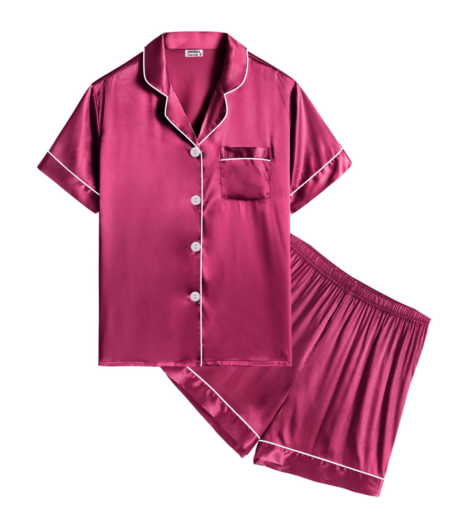 SWOMOG Kids Silk Pyjamas Set | Short Sleeve Satin PJs for Boys & Girls | Button-Down Silky Nightwear for Children & Teens | Age 4-16 | Grapefruit - Buy Online on SooperMarket.com
