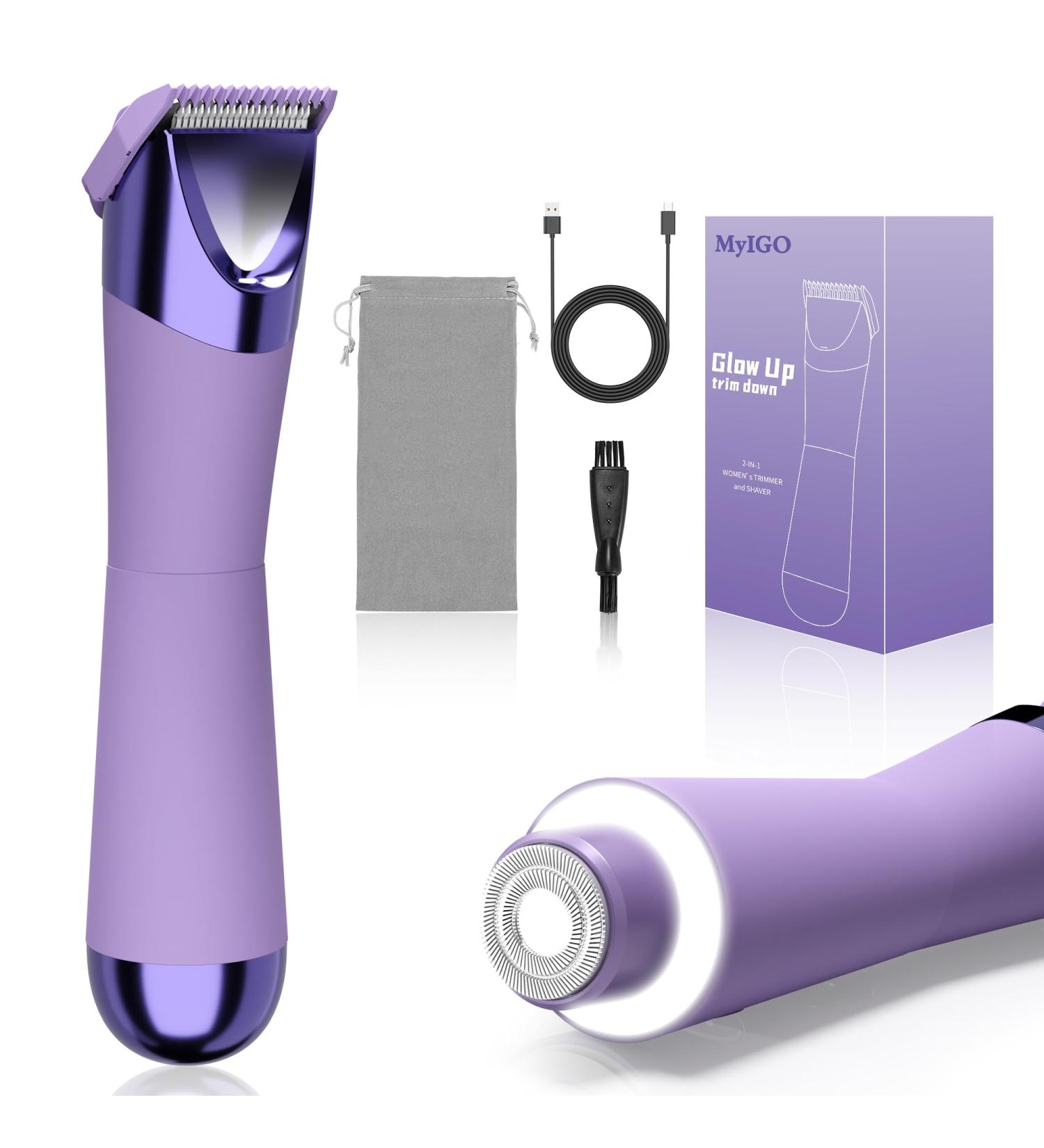 Buy Bikini Trimmer for Women - 2 in 1 Electric Shaver & Waterproof Pubic Hair Remover - USB-C Charging Painless with Dual Lights in Purple - Buy Online on SooperMarket.com
