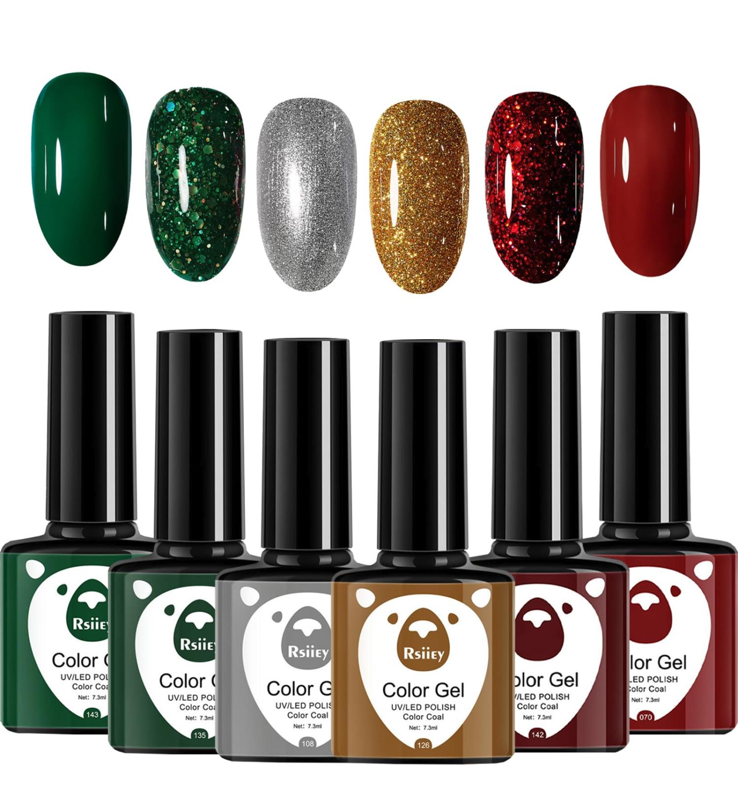 Christmas Gel Nail Polish Set Glitter Red Green Gold Silver 6 Colors Burgundy Dark Red Soak Off LED/UV Lamp Manicure Nail Varnish Sets for Women Nail Art Salon DIY Home - Buy Online on SooperMarket.com