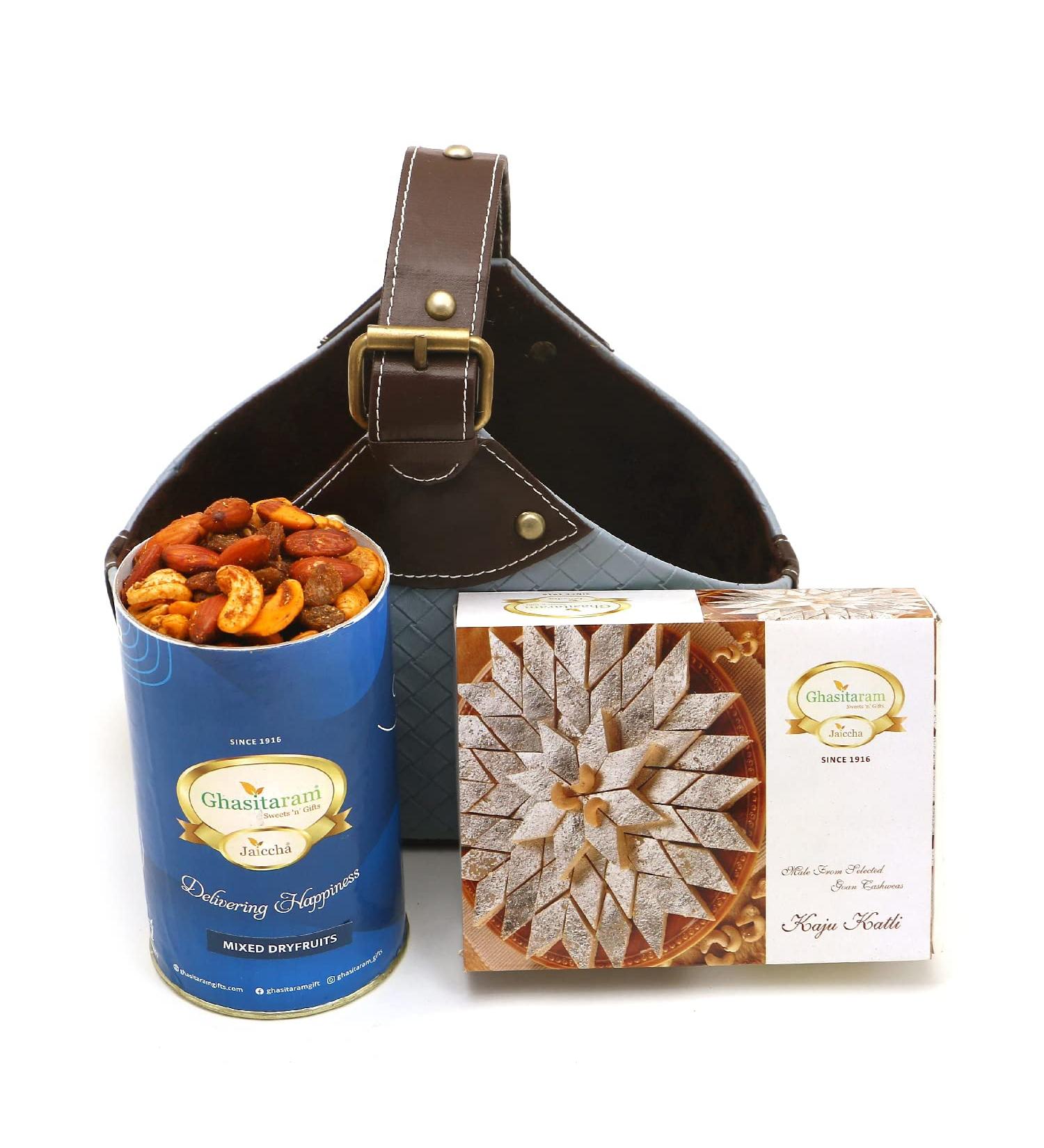Jaiccha Ghasitaram Leather Buckle Basket Small of Mixed Dryfruits and Kaju Katli|Gift for Diwali Gifts Holi Rakhi Valentine Christmas Birthday Anniversary Her Him| - Buy Online on SooperMarket.com