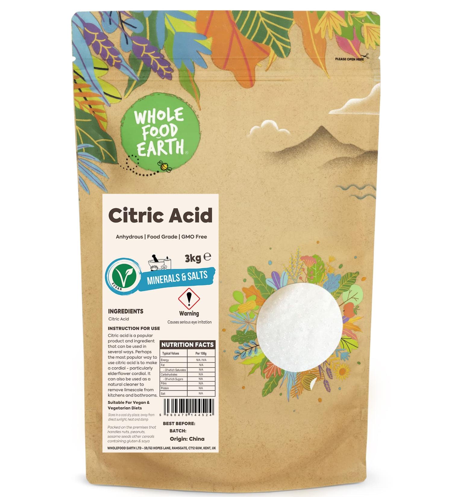 Wholefood Earth Citric Acid 3kg - Pure Anhydrous Food Grade - Buy Online on SooperMarket.com