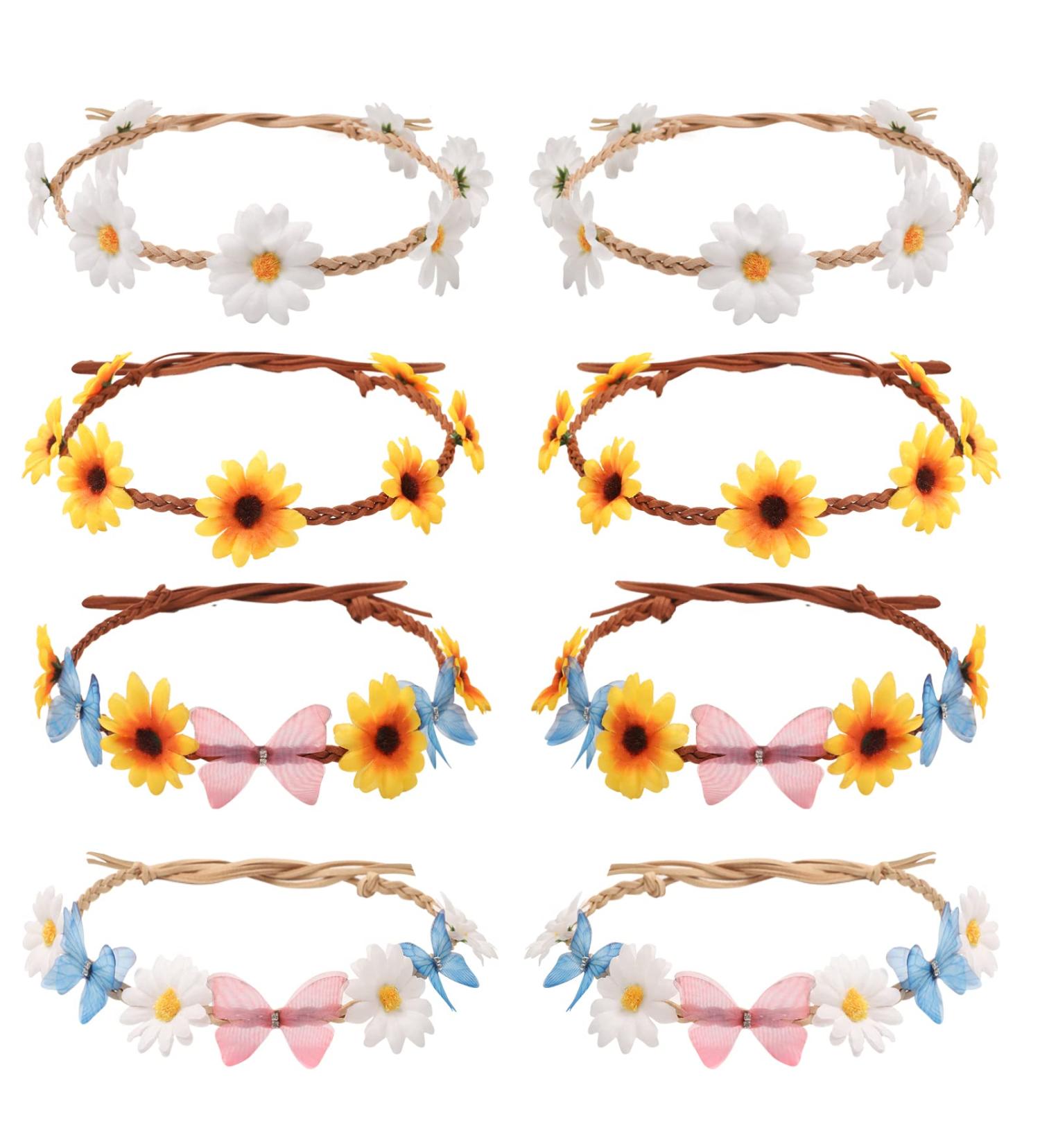 AWAYTR Sunflower Headband Hippie Flower Crown for Women - Set of 8 | Adjustable Daisy Hair Wreath for Girls - Mixed Color Sunflower Hair Accessories - Buy Online on SooperMarket.com