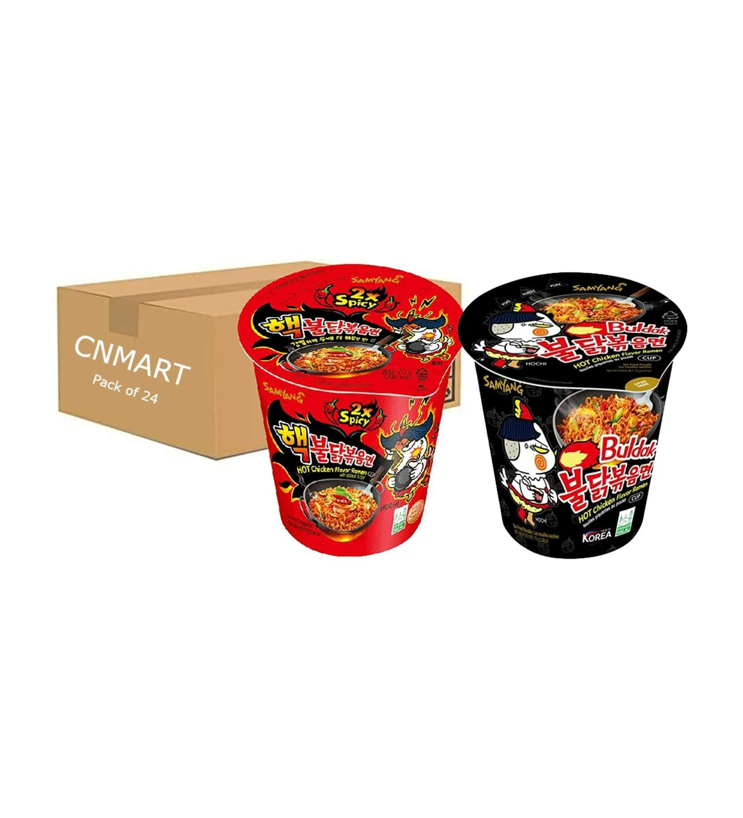 CNMART Samyang Buldak Ramen Hot Chicken Flavour Noodle and 2x Spicy Hot Mixed Cup Type 70g - Halal Mixed Box (Pack of 24) - Buy Online on SooperMarket.com