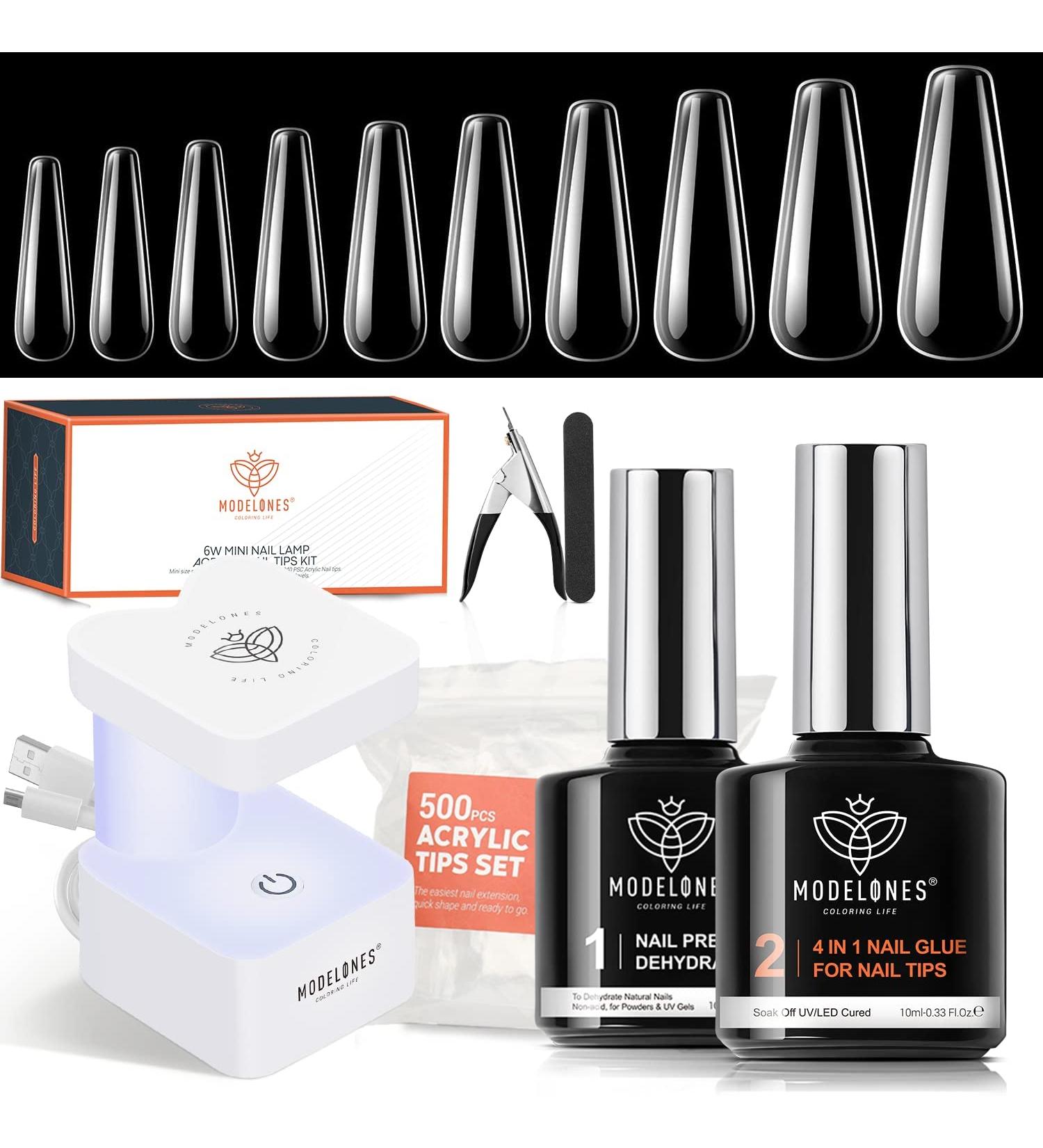 Modelones Nail Tips and Glue Gel Kit - 4 in 1 Nail Glue, Base Gel, Ultra-Portable Lamp, 500 Coffin Nails - Acrylic DIY Nail Art Tools for Gel Extensions - Nude/Clear - Buy Online on SooperMarket.com
