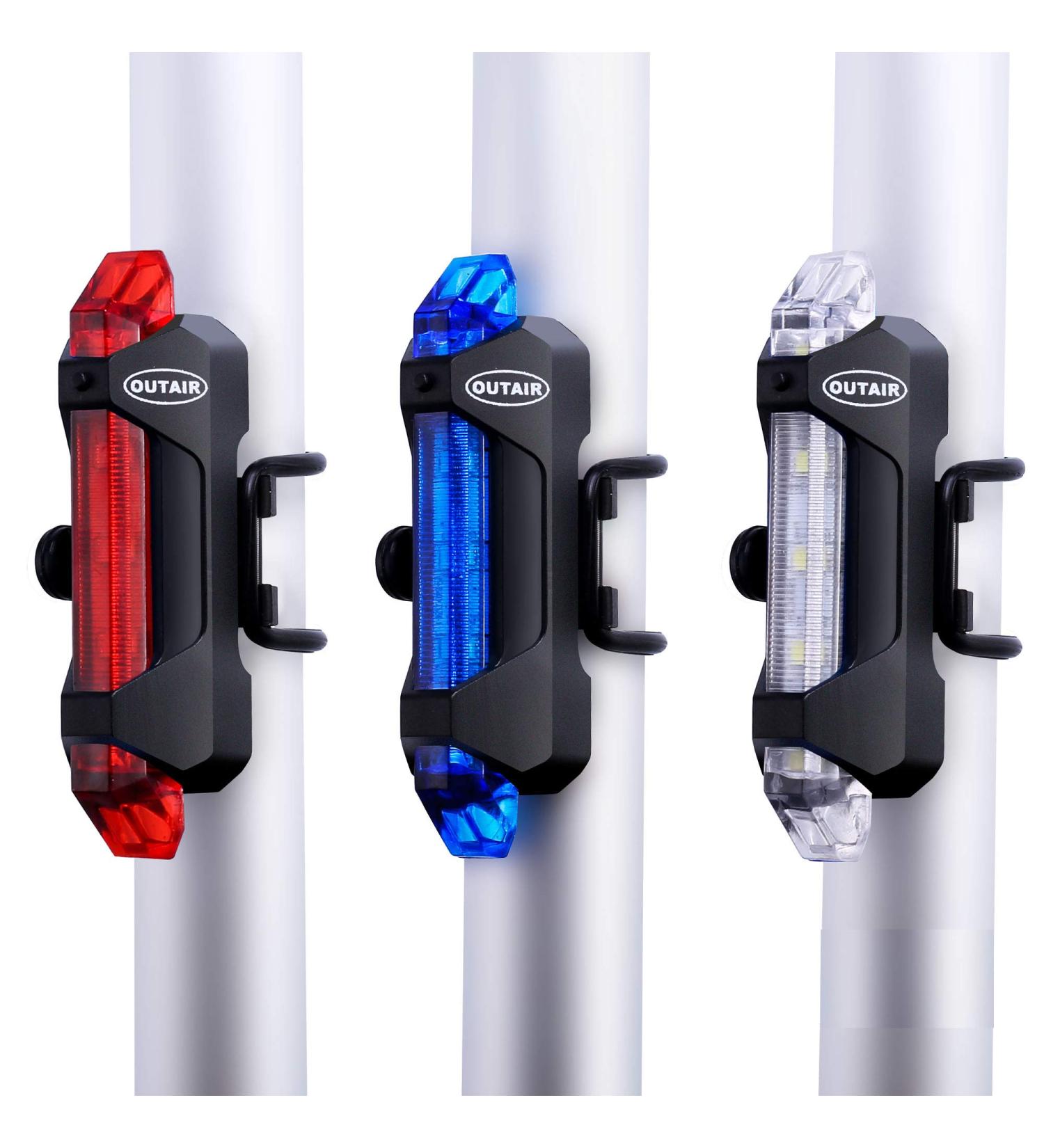 Outair USB Rechargeable Bike Light Set - Front and Rear Bicycle Lights with 5 LEDs, 4 Modes, Cycling Safety Warning Lamp - White, Red, Blue - Buy Online on SooperMarket.com