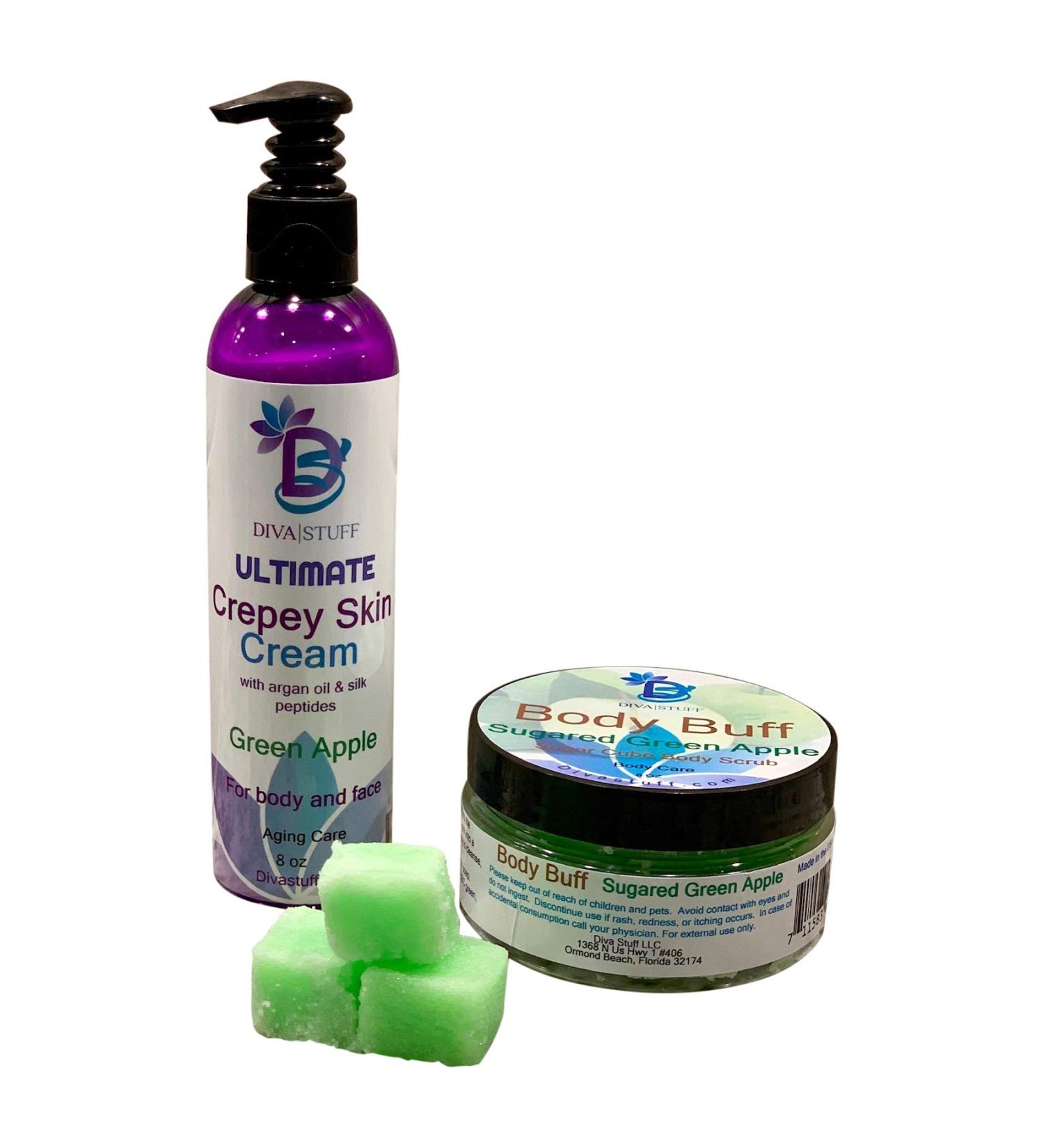 Ultimate Crepey Skin Cream & Sugar Scrub Set - Hydrating Hyaluronic Acid Argan Oil Silk Peptides | Green Apple Scent for Aging & Dry Skin - 8oz - Buy Online on SooperMarket.com