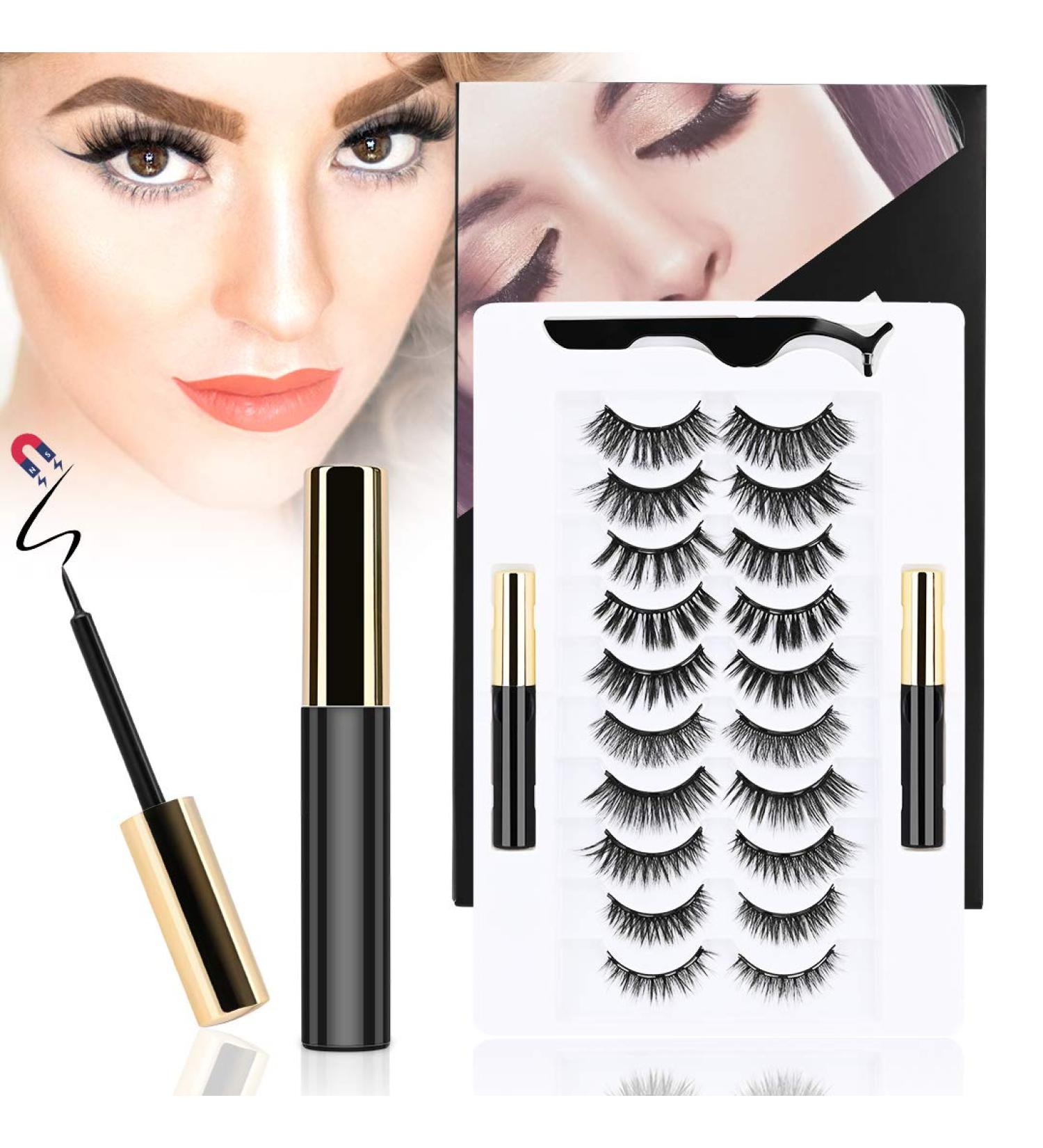 ToyRis Magnetic Eyelashes and Eyeliner Kit - 10 Pairs Mixed Styles | Waterproof Reusable 3D 5D False Lashes with Tweezers - No Glue Needed - Buy Online on SooperMarket.com