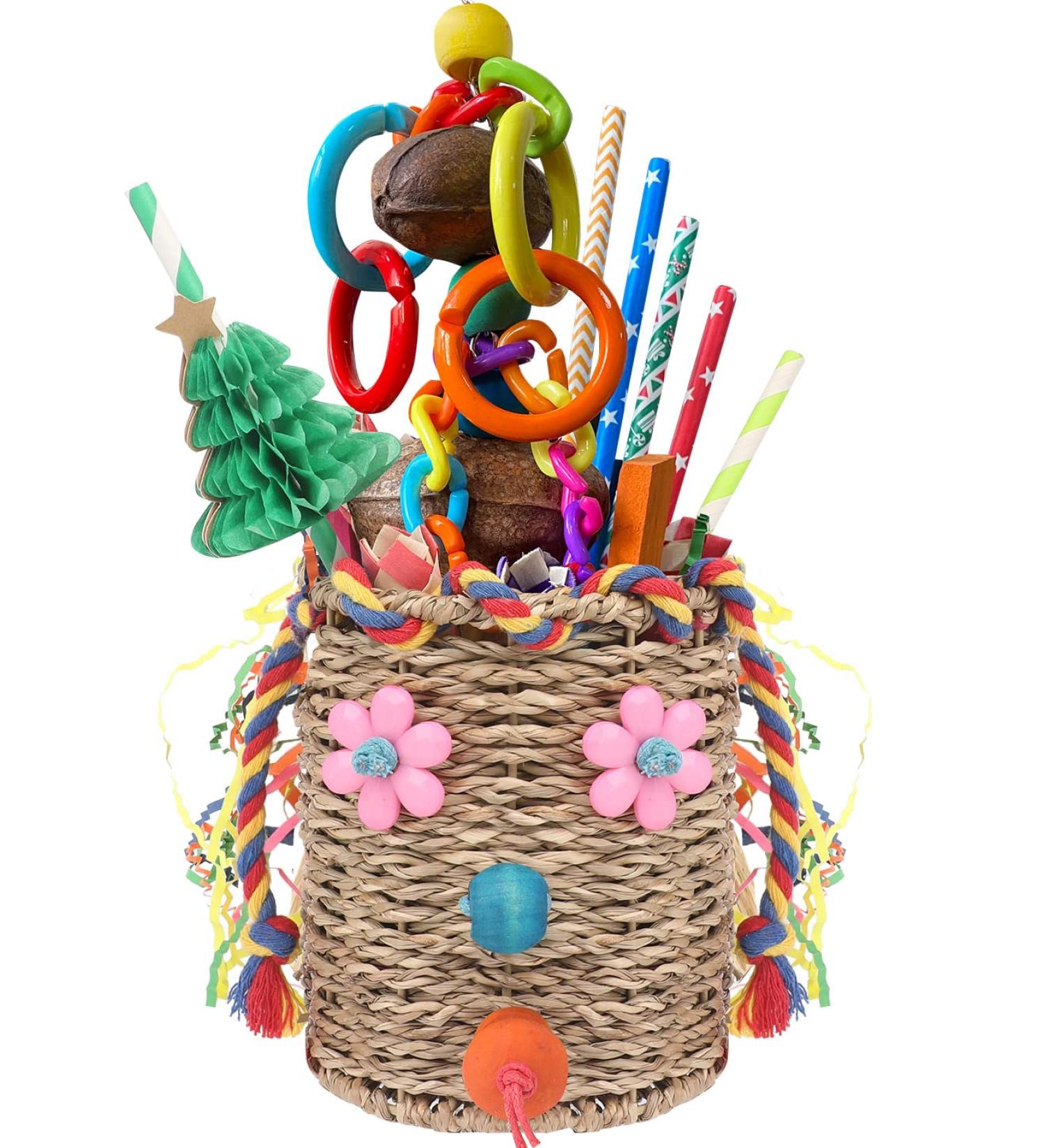YIXUND Seagrass Foraging Basket Bird Toy with Colorful Crinkly Paper and Wooden Blocks - Ideal for Small & Medium Parrots - DIY Honeycomb Tree Design - Buy Online on SooperMarket.com