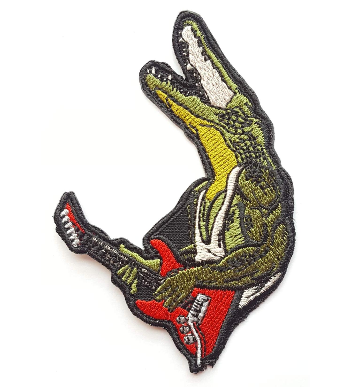 Funny Crocodile Rock and Roll Red Guitar Punk Rock Patches Appliques Fabric Decorating for Hat Cap Polo Backpack Clothing Jacket T-Shirt DIY Embroidered Iron On/Sew On Patch