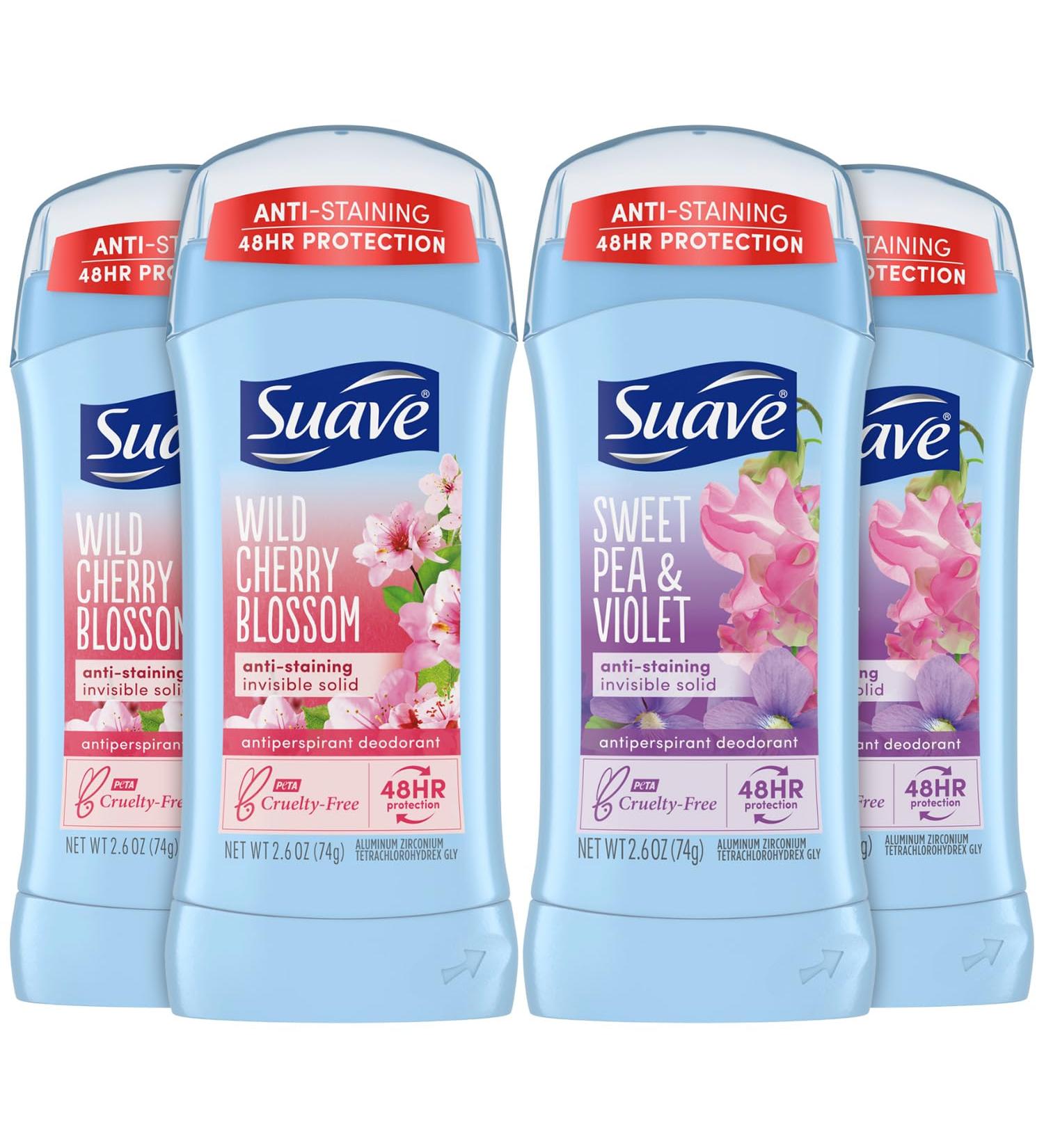 Suave Deodorant Antiperspirant for Women Variety Pack Sweet Pea & Violet + Wild Cherry Blossom 48H Protection Anti-Staining 2.6 Oz Ea (4 Piece Set) - Buy Online on SooperMarket.com