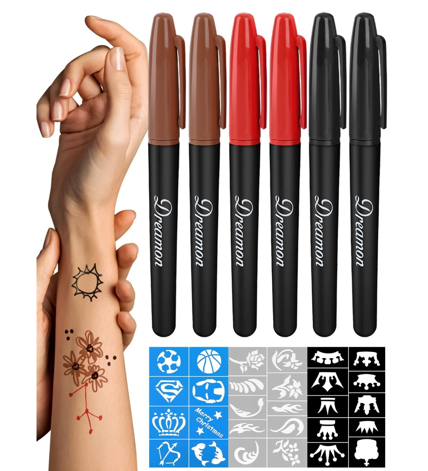6-PCS Washable Temporary Tattoo Markers for Skin - Skin Safe Tattoo Kit for Teens, Kids & Adults - Body & Face Art Pens with Stencil Papers - Buy Online on SooperMarket.com
