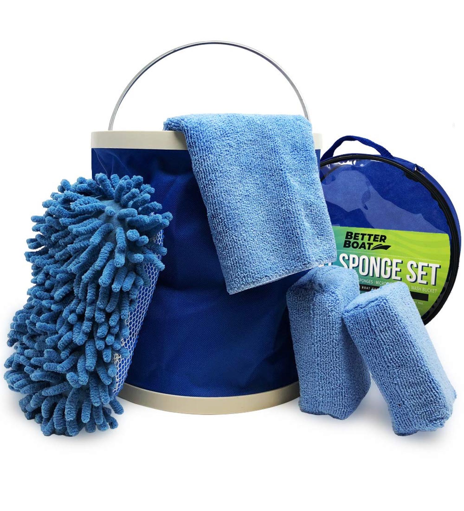 Microfiber Boat Cleaner and Car Wash Kit - Non-Scratch Sponge Bucket, Wash Cloths for Interior and Exterior - Ideal for Fiberglass Boat Hulls and Car Seats - Complete Cleaning Supplies - Buy Online on SooperMarket.com