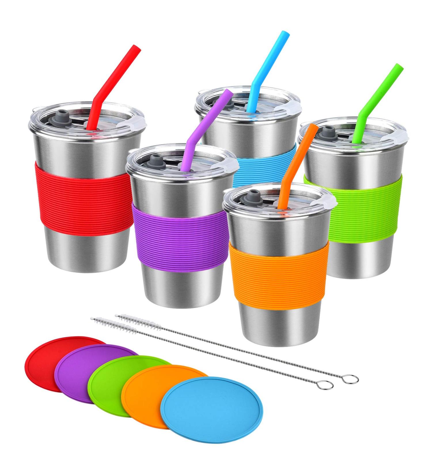 Kids Cups with Straw and Lid - 5 Pack 12oz Stainless Steel Tumbler Set | Spill Proof, Unbreakable Water Glasses for Toddler, Children, Adults | BPA-Free Sippy Mug with Coasters - Indoor/Outdoor - Buy Online on SooperMarket.com