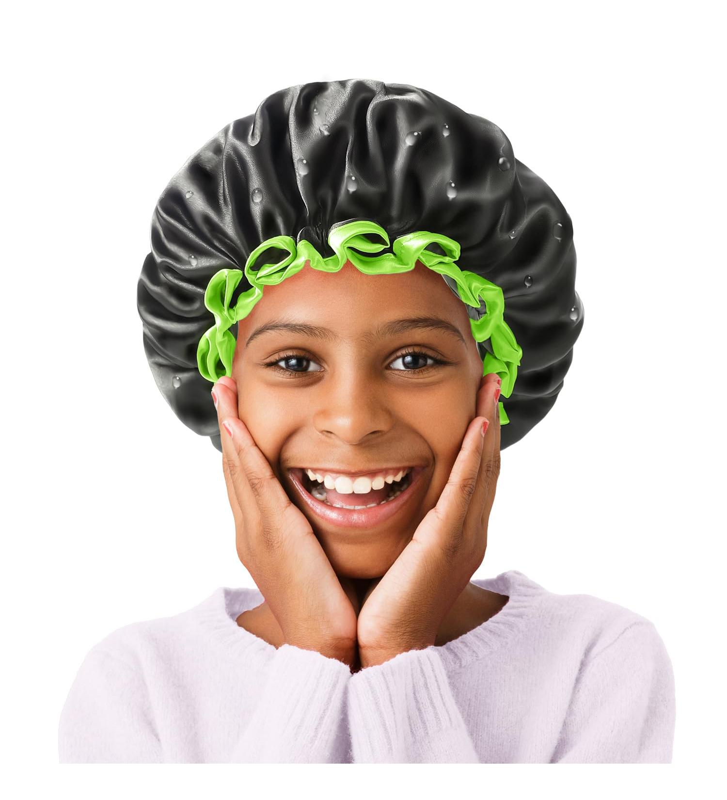 Mikimini Black Small Shower Cap for Kids - Double Layer Waterproof Bathing Hair Cap with Reusable PEVA Lining - Cute & Stretchy Shower Hat - Buy Online on SooperMarket.com