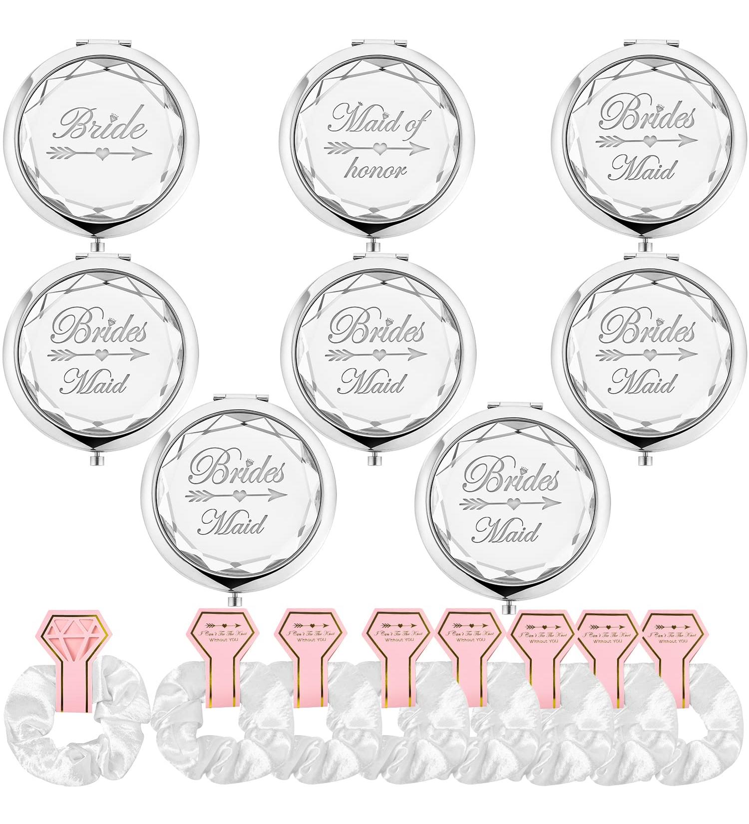8-Piece Pocket Makeup Mirror Set & Hair Ties for Bachelorette Party - Silver | Bride, Maid of Honor, Bridesmaid Proposal Gifts - Buy Online on SooperMarket.com