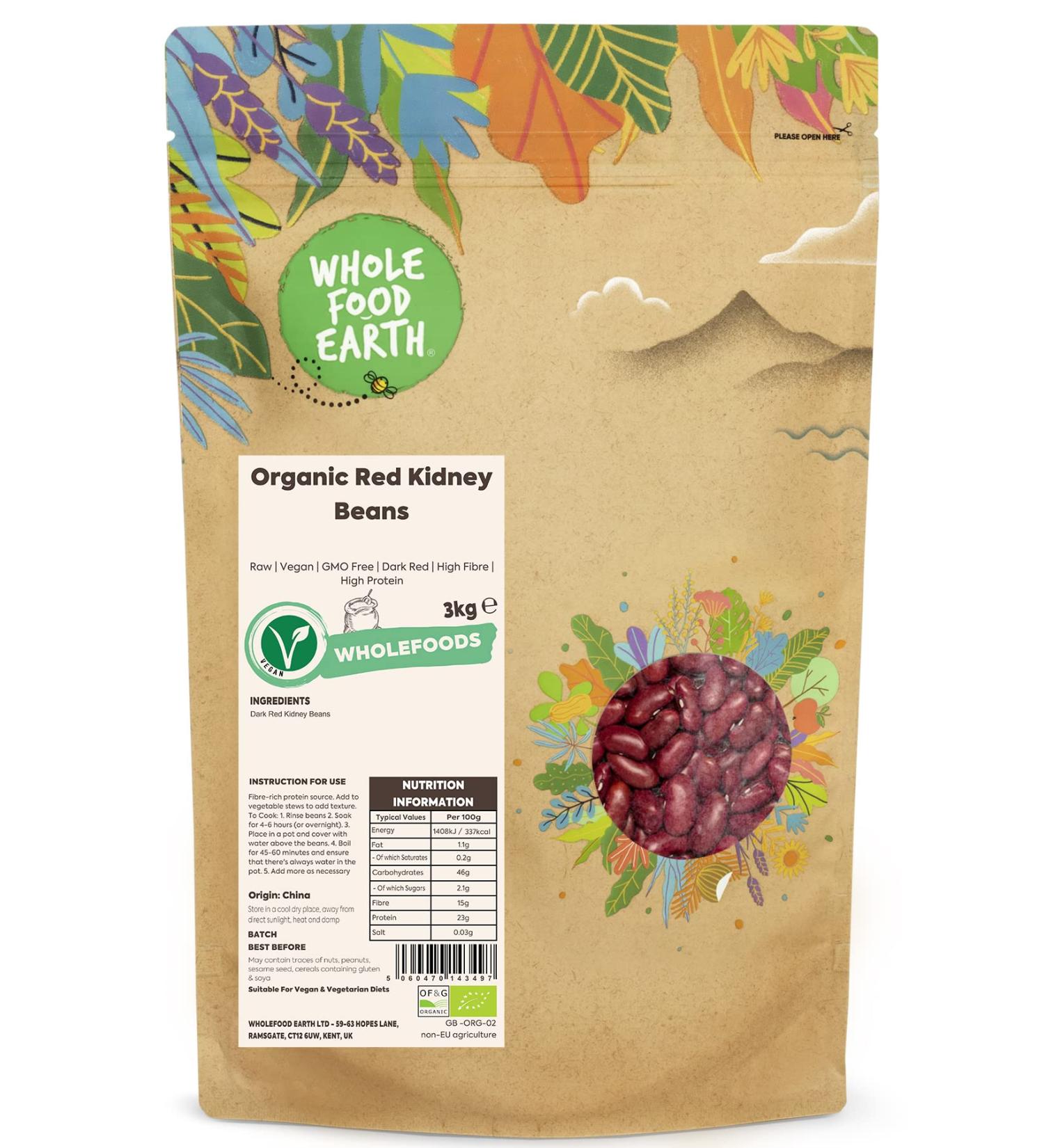 Wholefood Earth Organic Red Kidney Beans 3kg - Raw, Vegan, High Fibre & Protein, GMO-free - Buy Online on SooperMarket.com