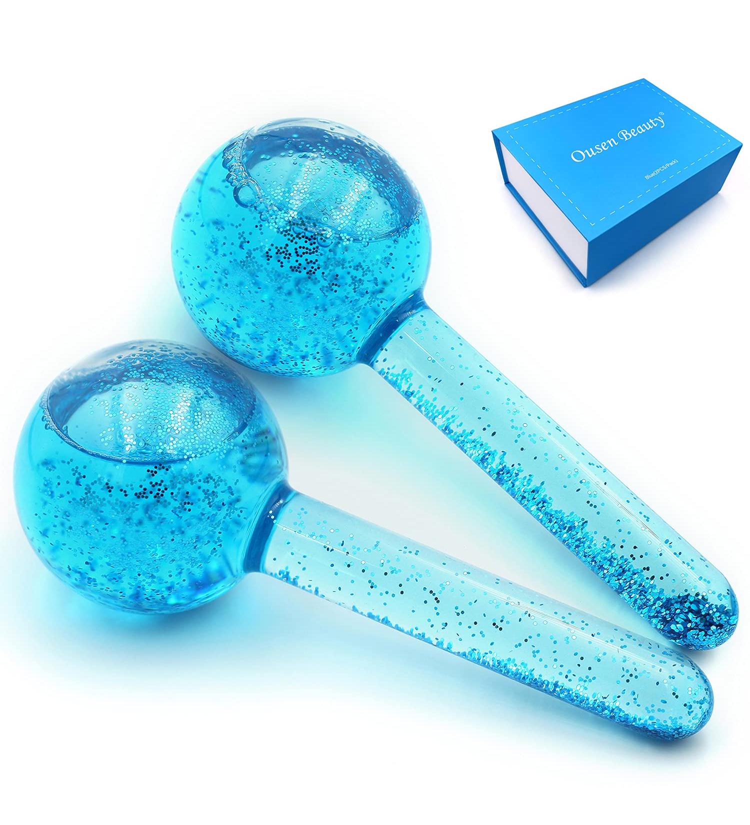 Quartz Glass Ice Roller 2Pcs Set for Hot Cold Therapy Skin Care - Reusable Ice Globes for Neck and Facial Massager - Reduces Redness and Inflammation - Promotes Blood Circulation - Blue - Buy Online on SooperMarket.com