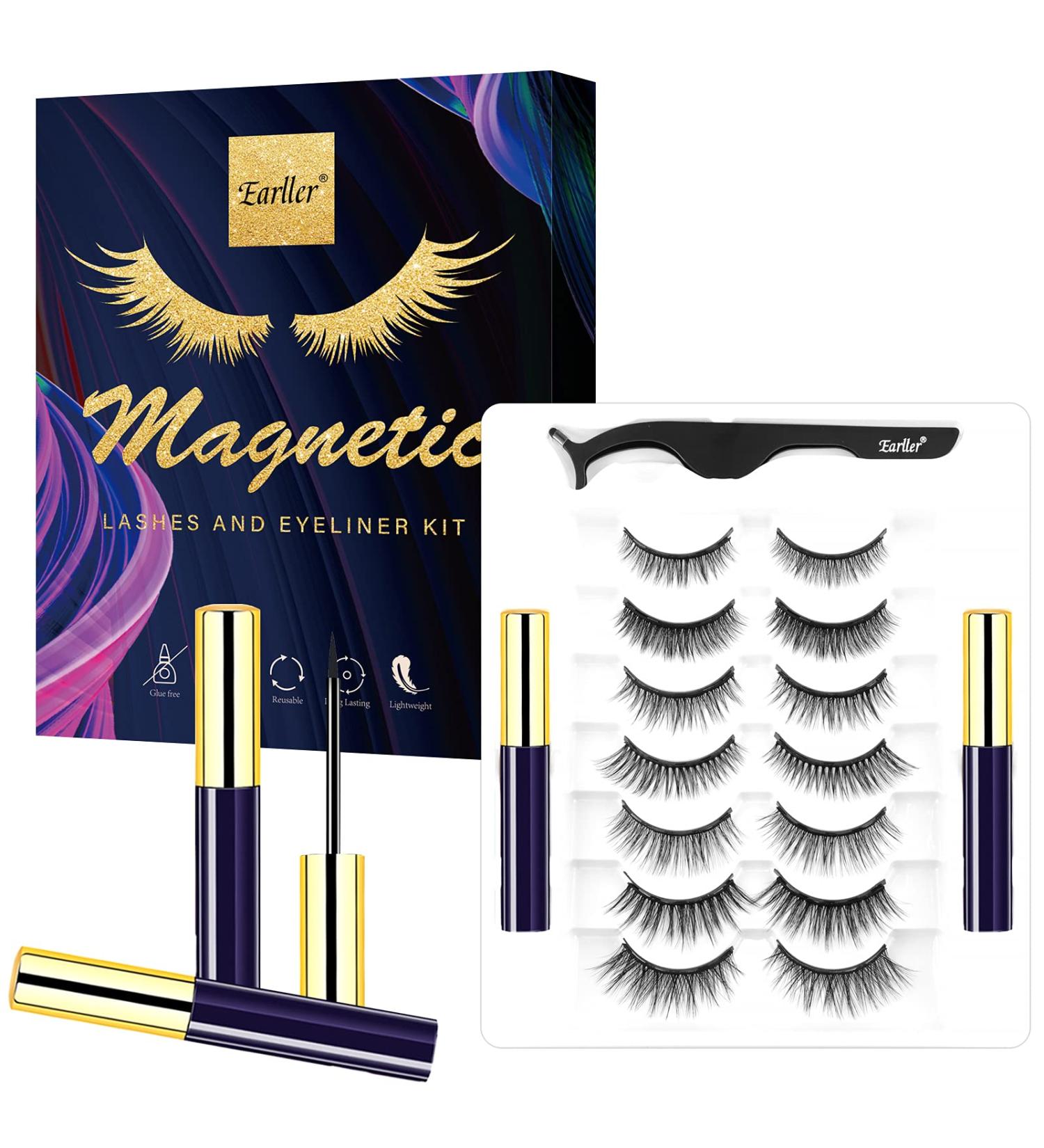 EARLLER Magnetic Eyelashes & Eyeliner Kit - 7 Pairs Natural Look False Lashes, Reusable 3D & 5D Set - No Glue, Easy Application - Buy Online on SooperMarket.com