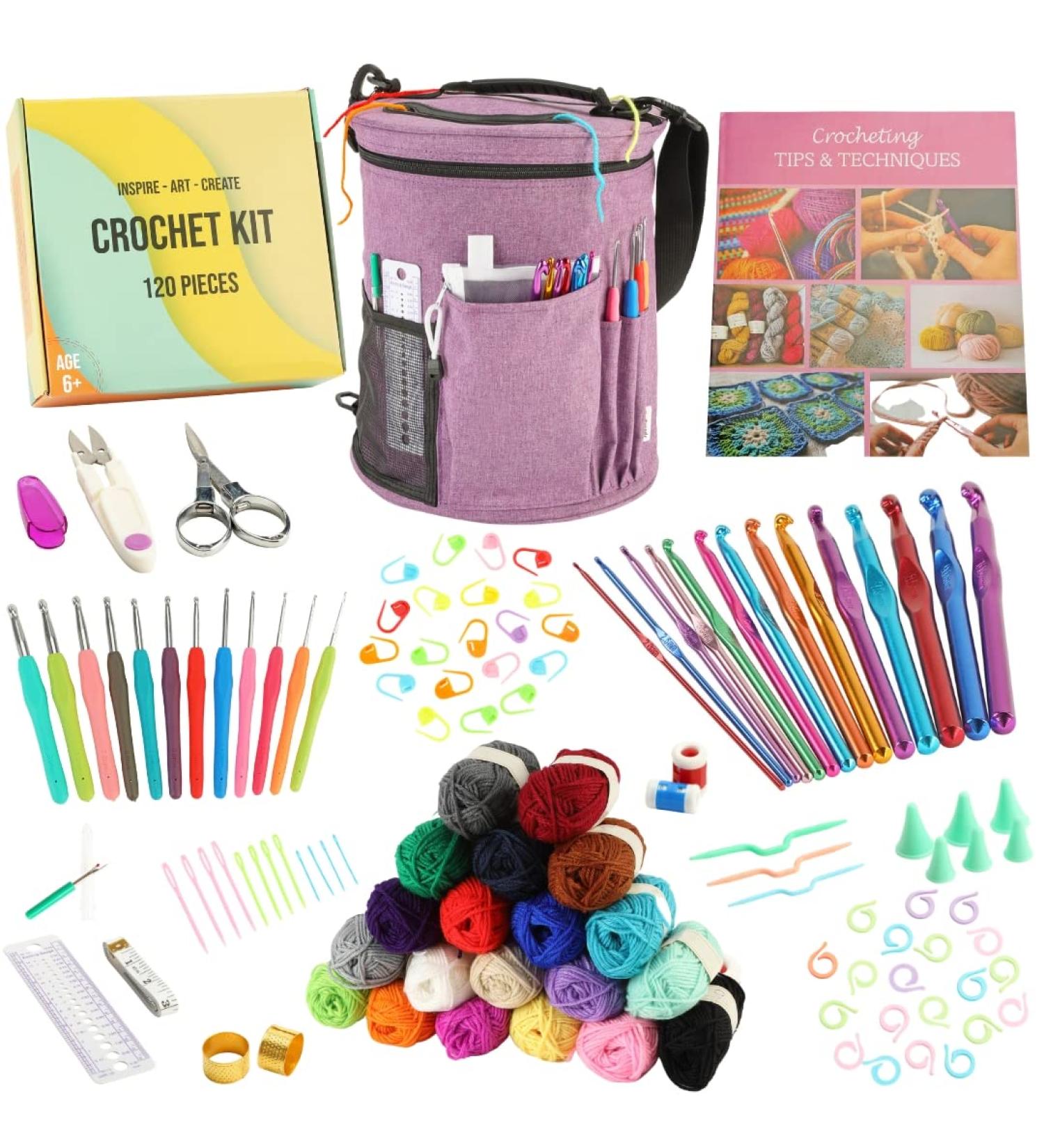 Premium 120pc Crochet Kit for Beginners - Yarn, Hooks, Tools, Storage Bag, Scissors - Purple - Kids & Adults - Buy Online on SooperMarket.com