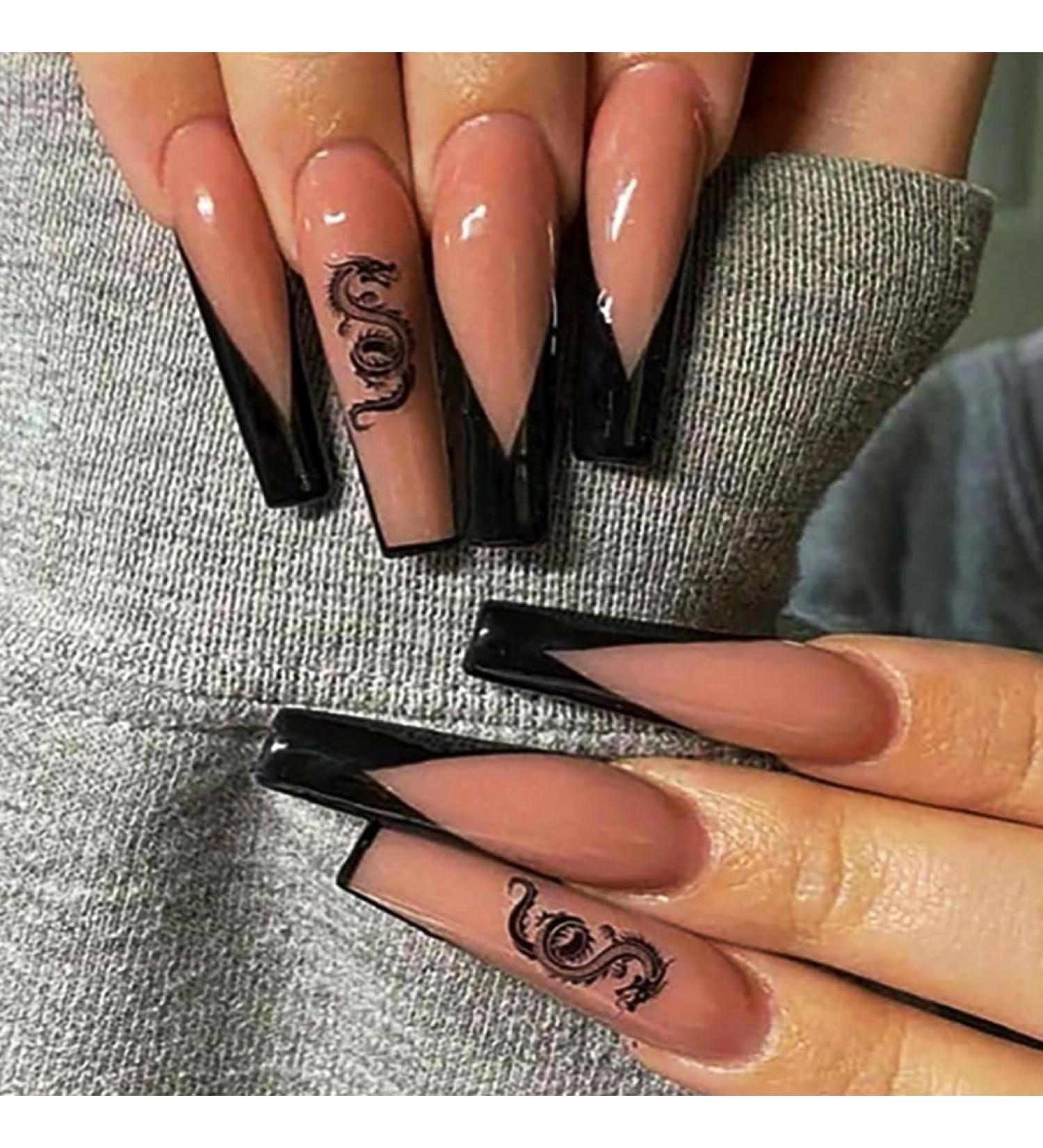 Brishow Pink Long Press-On Nails with Black Dragon French Design | 24-Piece Artificial Nails for Women & Girls - Buy Online on SooperMarket.com