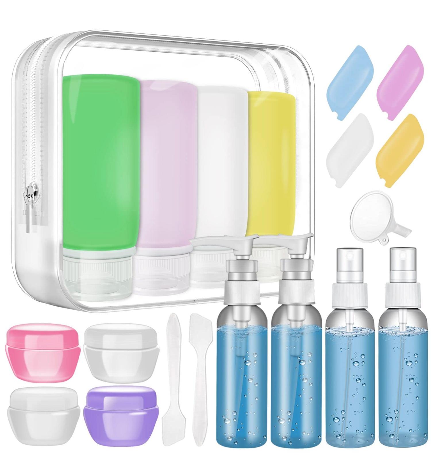 21 Pack Leak Proof Silicone Travel Bottles Set with Toiletry Bag - TSA Approved, BPA Free Toiletries Containers for Shampoo and Conditioner - Travel Size Accessories - Buy Online on SooperMarket.com
