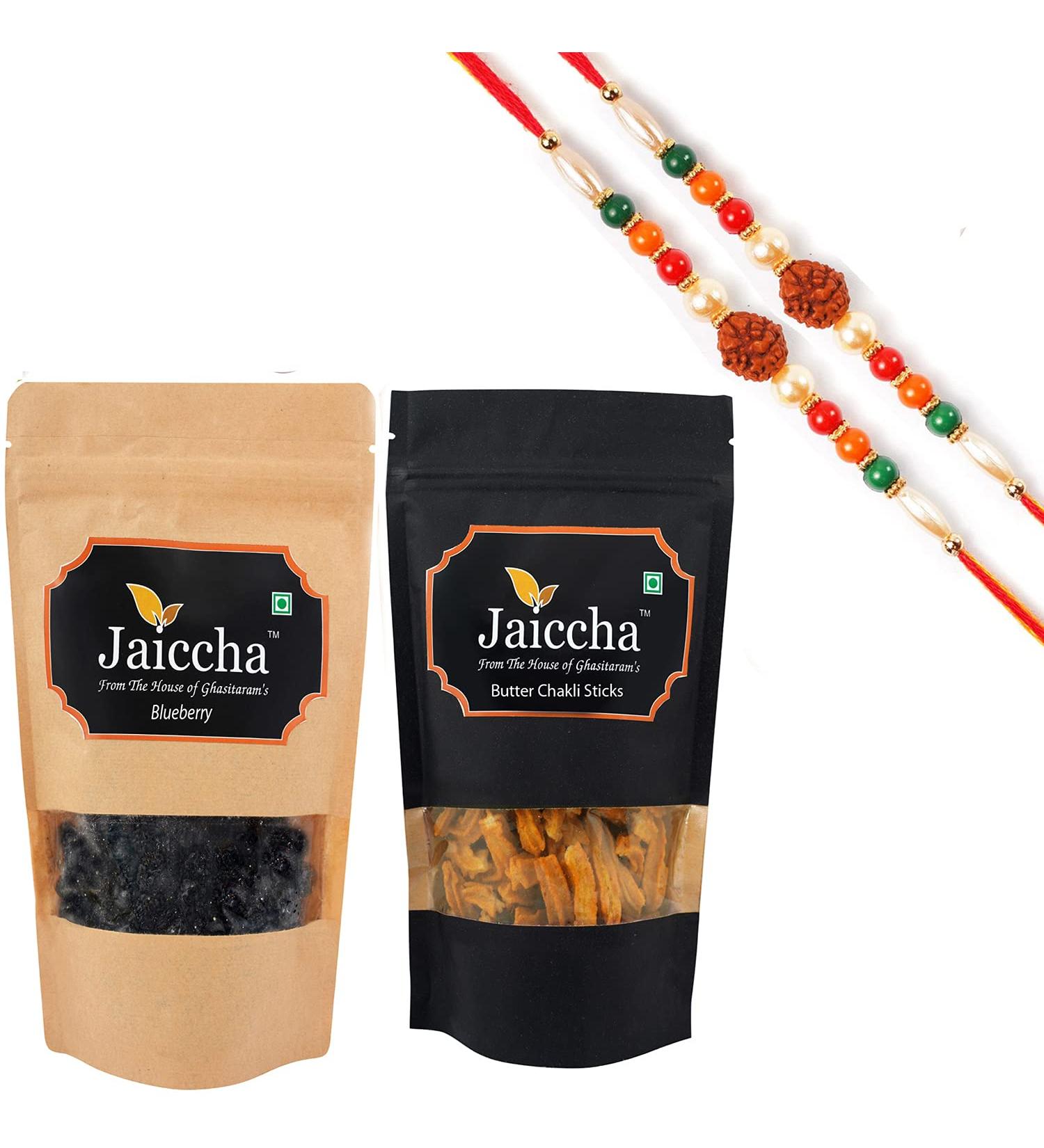 Jaiccha Ghasitaram Rakhi Gifts for Brothers Rakhi Dryfruits - Blueberry 100 GMS and Butter Chakli Sticks 100 gmsPouch with 2 Rudraksh Rakhis - Buy Online on SooperMarket.com
