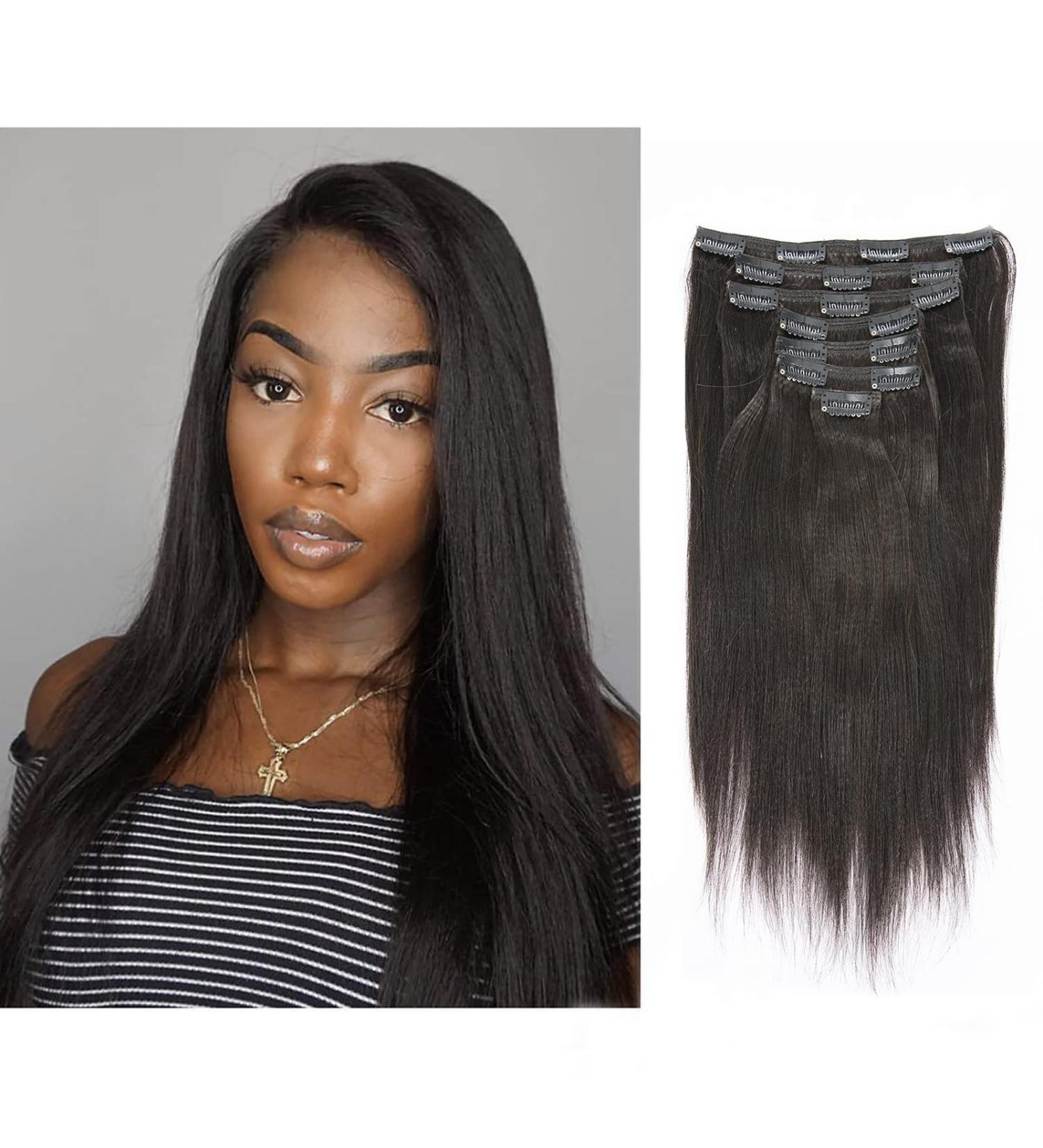 Lacer 10 Yaki Clip in Hair Extensions 120G 7 Pieces 10 Inch - Natural Black Remy Human Hair for Fashion Black Women with Relaxed Hair - Buy Online on SooperMarket.com