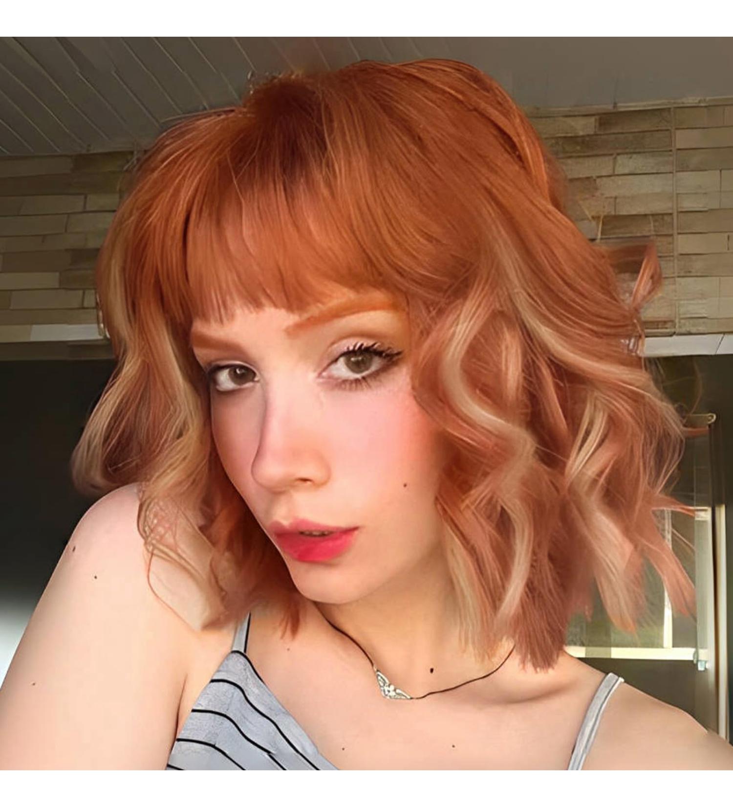 Wokestar Ginger Highlights Bob Wig | Curly Wavy Synthetic Wig with Neat Fringe for Women - Buy Online on SooperMarket.com
