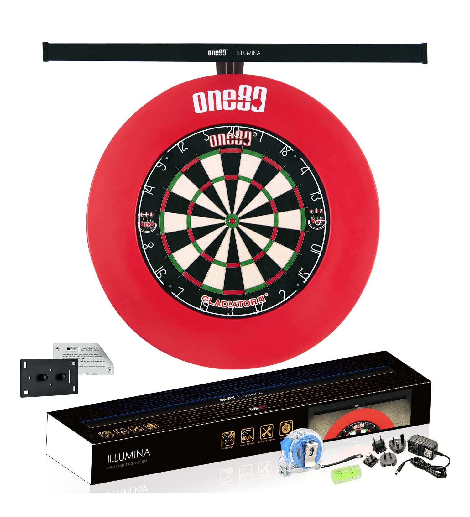ONE80 ILLUMINA Dartboard Lighting System - Clear Vision Design, Sunlight Effect, Tape Measure & Level - Dartboard & Surround Not Included - Buy Online on SooperMarket.com