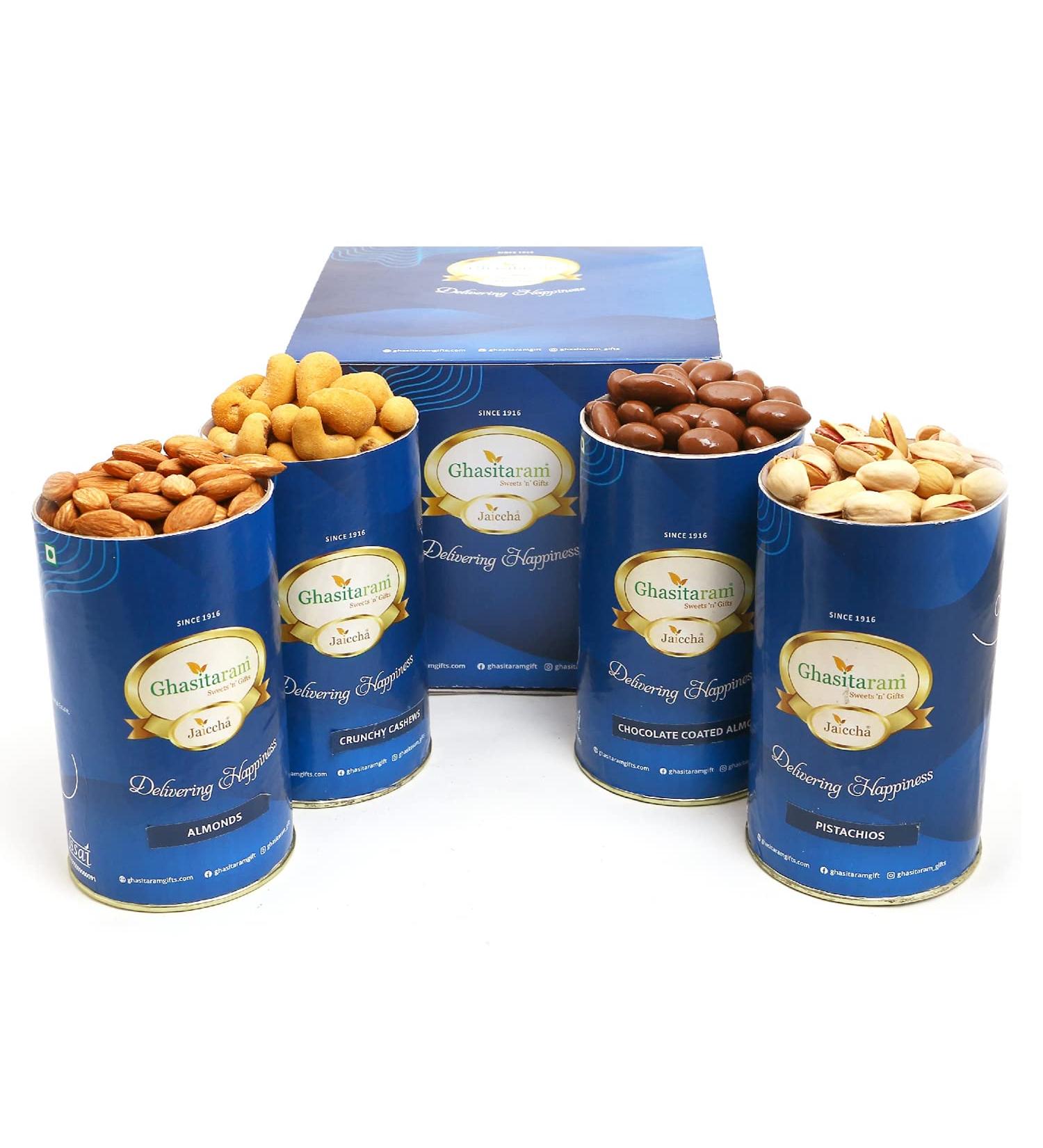 Jaiccha Ghasitaram Crunchy Cashews Almonds Pistachios Chocolate Almonds Cans|Gift for Diwali Gifts Bhaidooj Gifts| Crunchy Cashews Almonds Pista Choco Almonds Can - Buy Online on SooperMarket.com