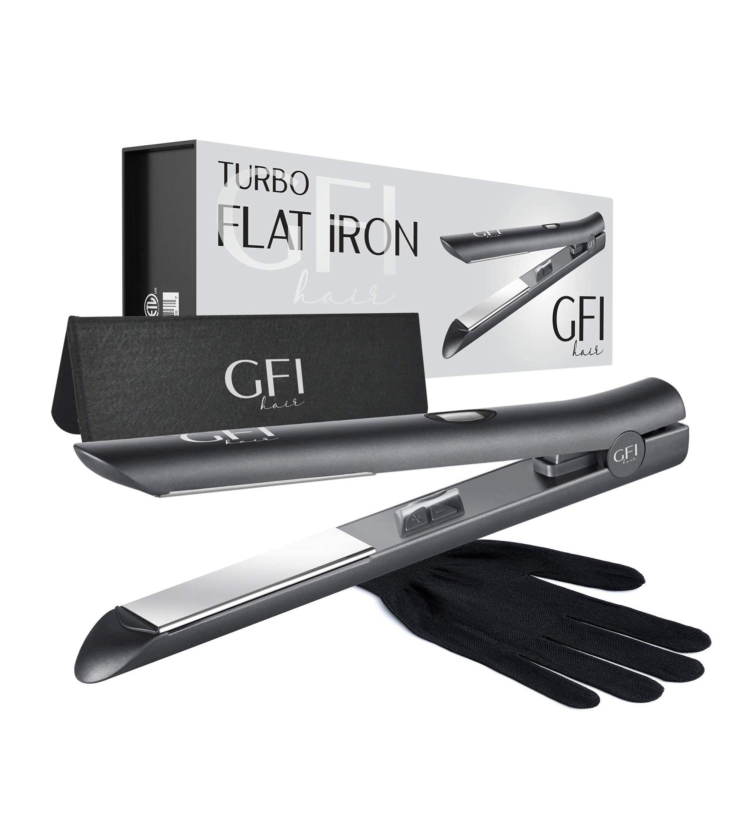 GFI Titanium Flat Iron Hair Straightener with Turbo Heating Element - Adjustable Temperature Control for All Hair Types - Includes Pouch and Heat-Resistant Glove - Buy Online on SooperMarket.com