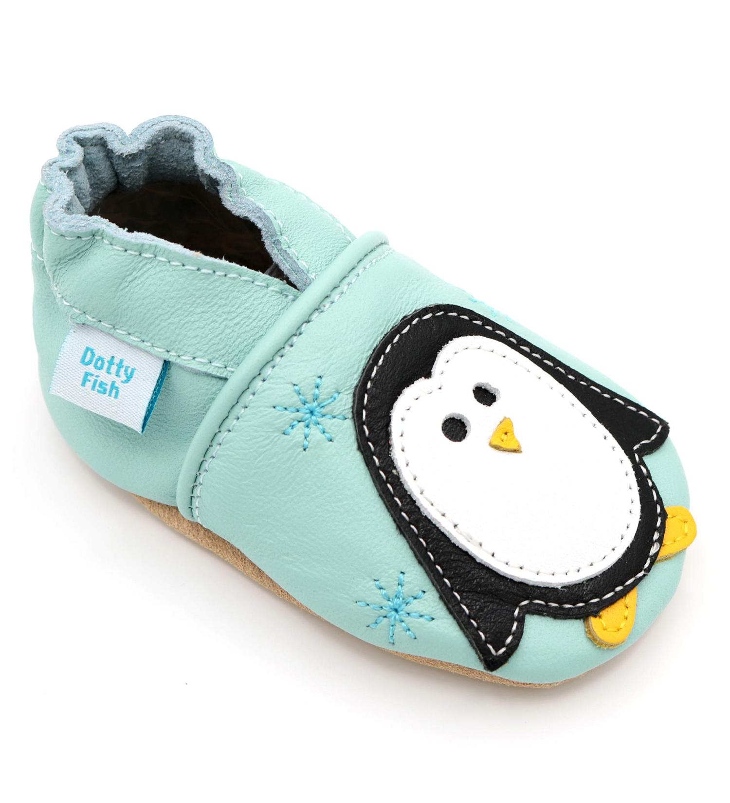Dotty Fish Soft Leather Baby Shoes for Boys | Non Slip Animal Design Toddler Shoes | Minty Blue Penguin | 0-6 Months to 4-5 Years - Buy Online on SooperMarket.com