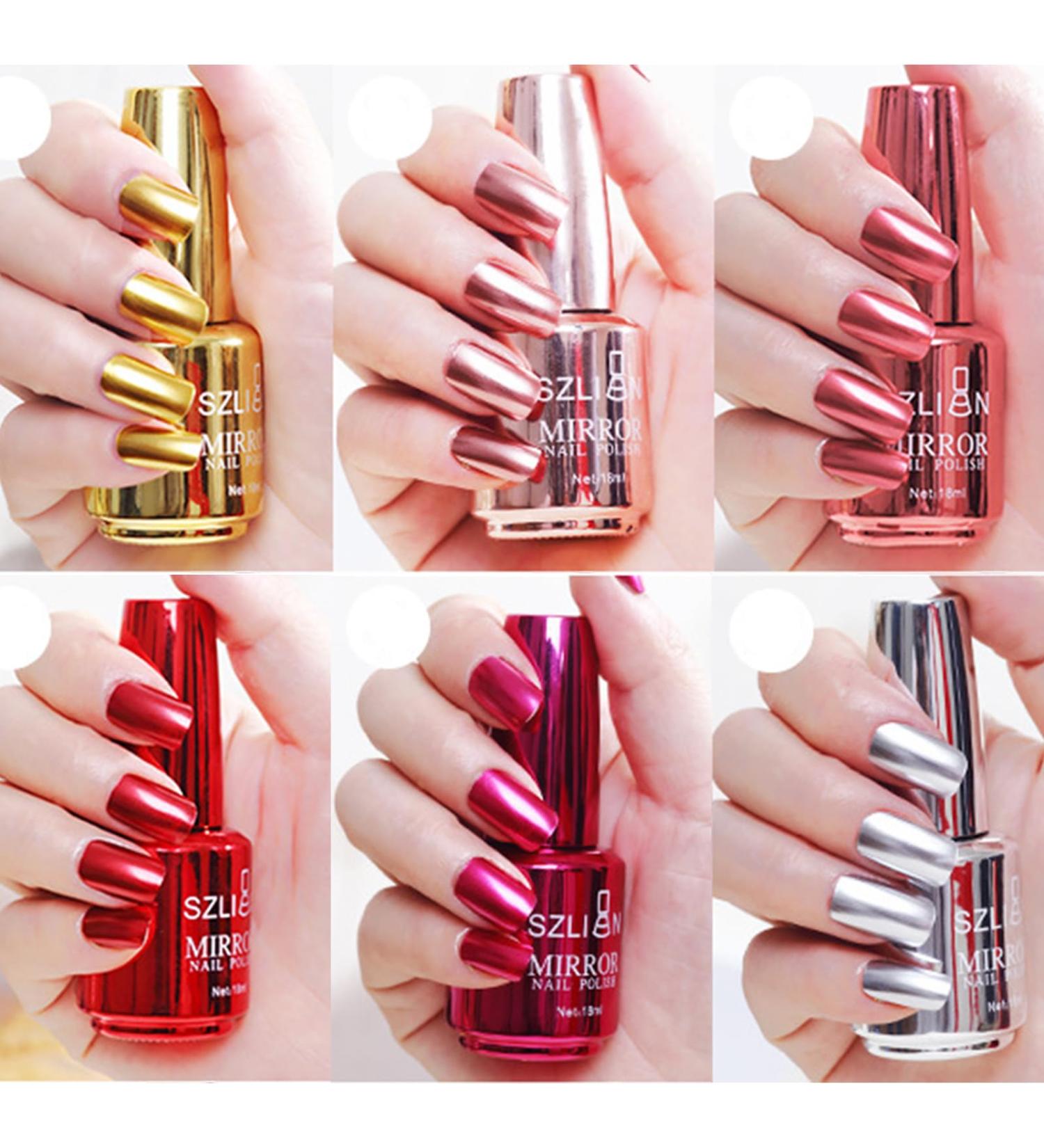 Mirror Nail Polish Metal Nail Varnish 6 Colors Chrome Nail Polish Set Metallic Mirror Effect Quick Drying Long Lasting Gold Silver Champagne Red Colorful Women Gift No UV - Buy Online on SooperMarket.com