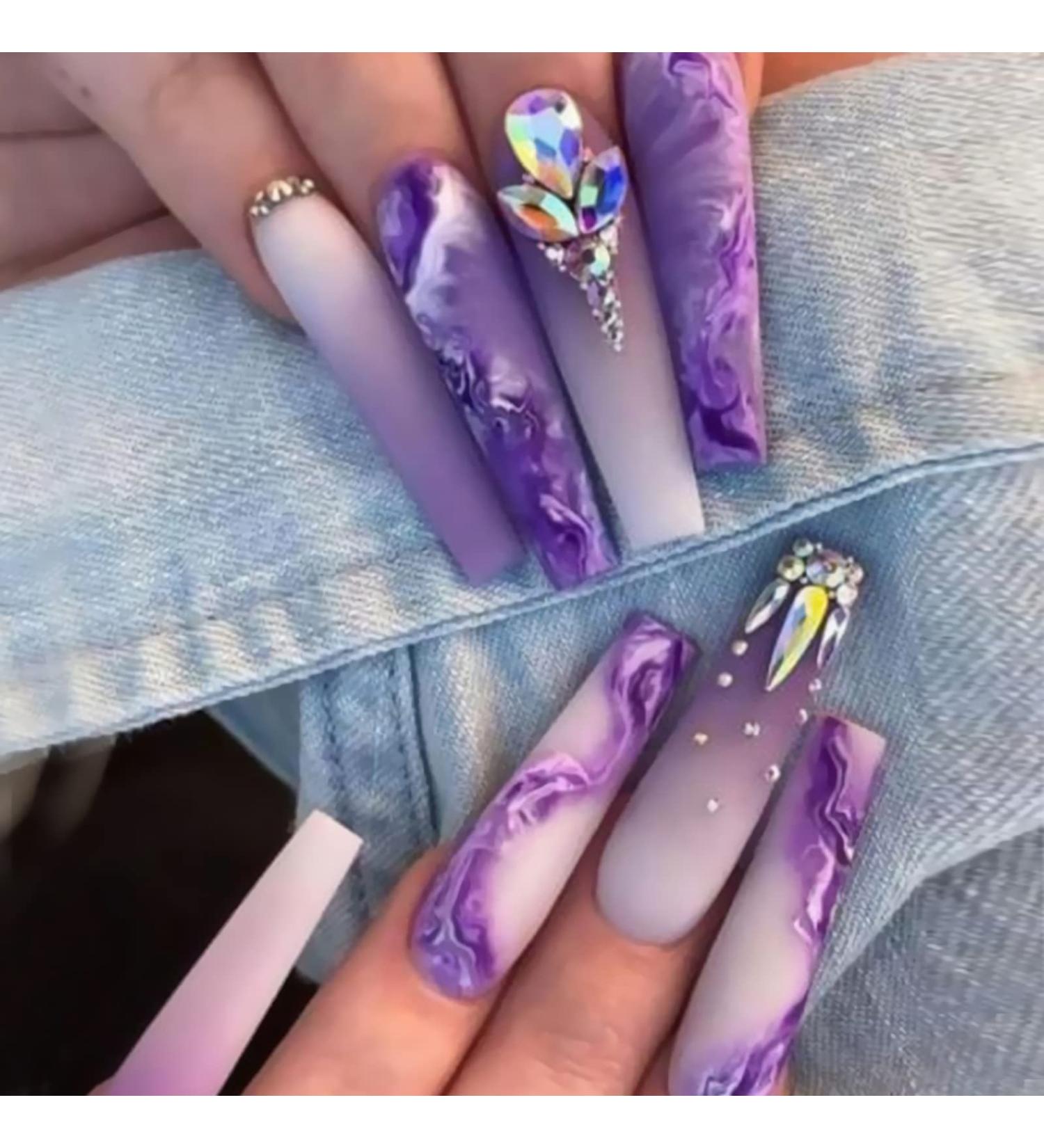 24Pcs Purple Rhinestone Long Coffin Press on Nails - Full Cover Acrylic Matte Artificial Luxury Nails for Women and Girls - Buy Online on SooperMarket.com