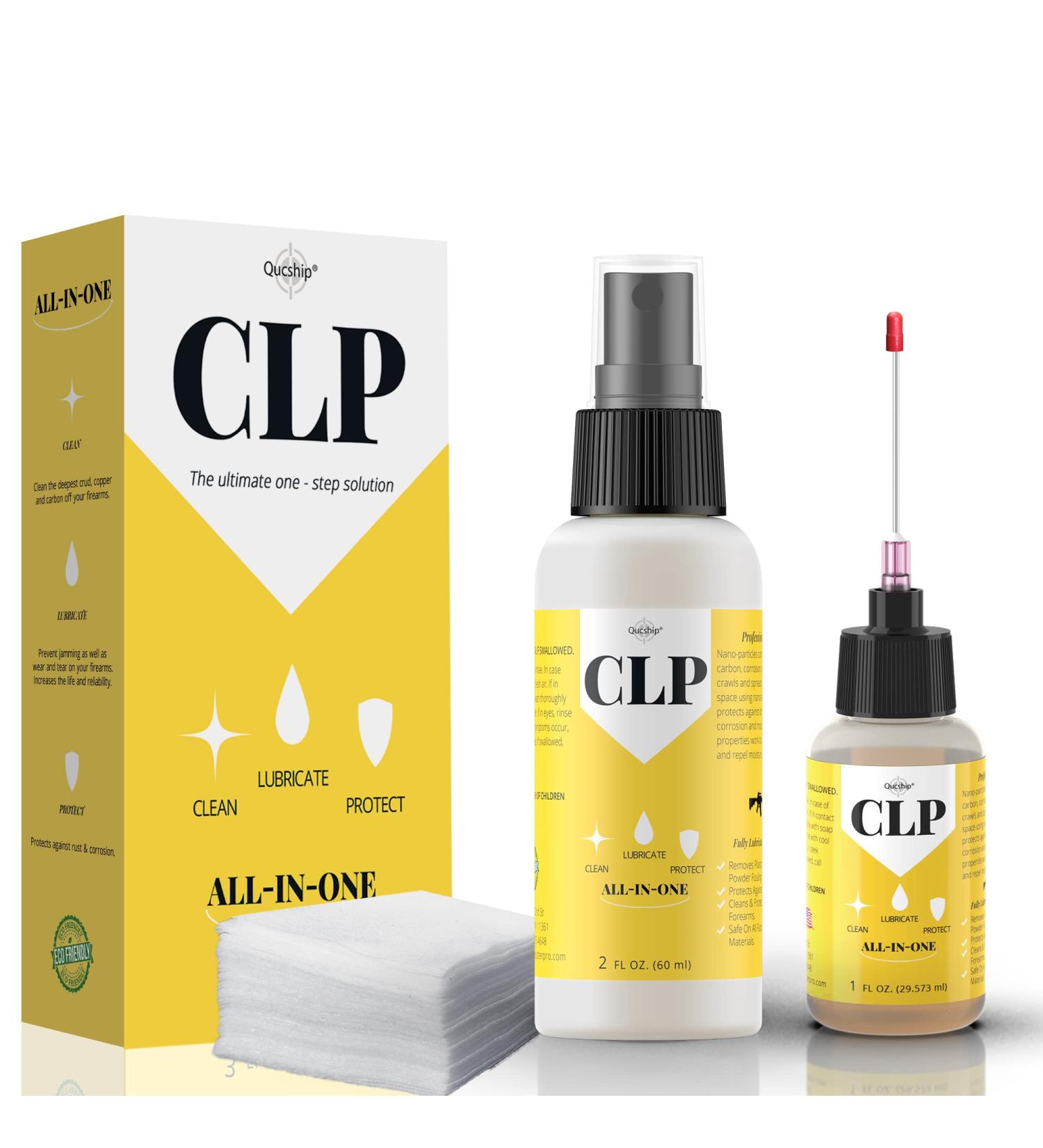 Qucship Gun Cleaning Kit - Multi-Purpose CLP Gun Cleaner & Lubricant Set - 2oz & 1oz Needle Oiler - Protects & Lubricates Firearms - Buy Online on SooperMarket.com