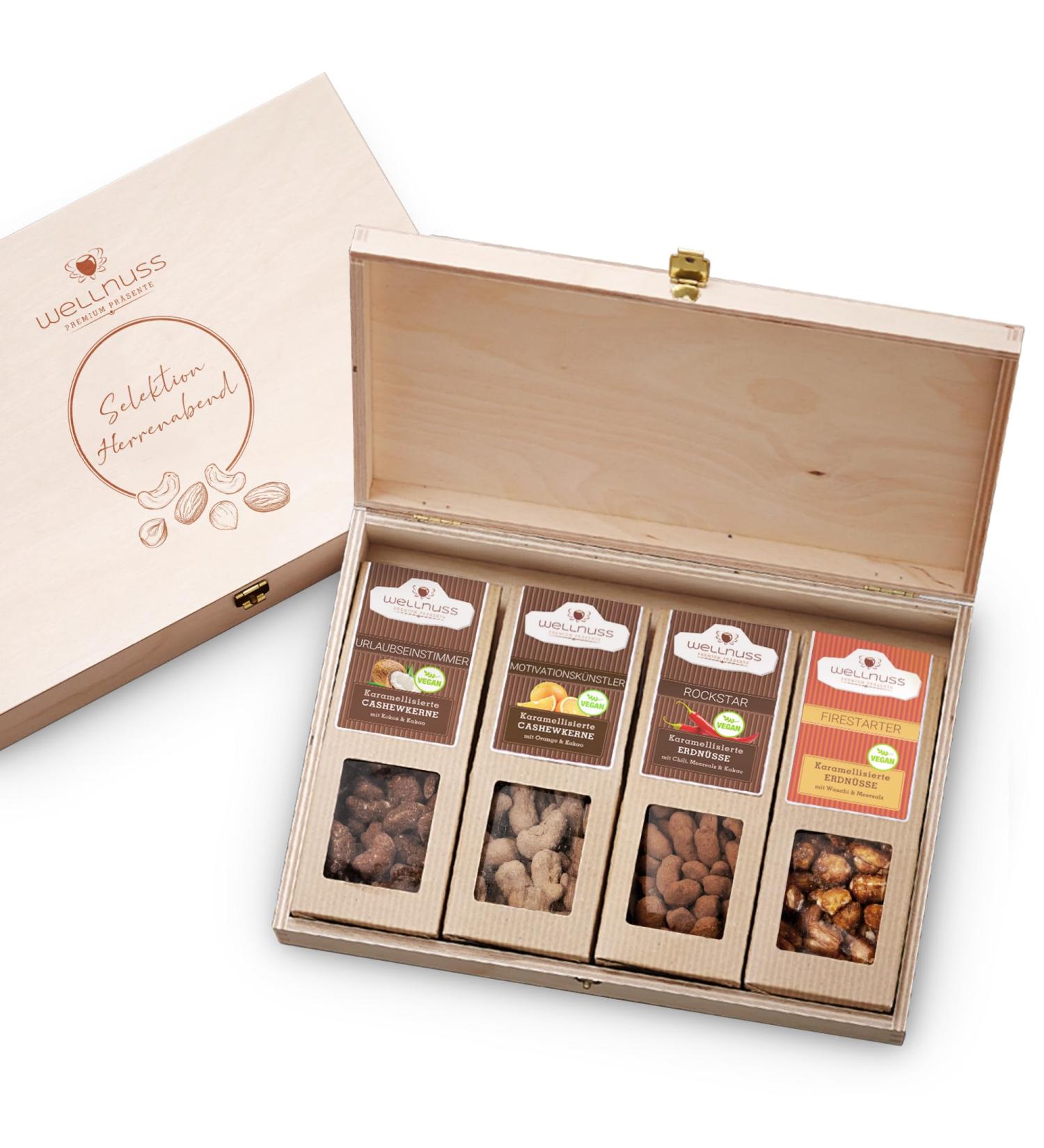 Men's Evening Gift Set - Vegan Premium Snacks in Birch Wood Box | Caramelized Nuts | Perfect Gift for Dad Brother or Grandpa - Wellnut - Buy Online on SooperMarket.com