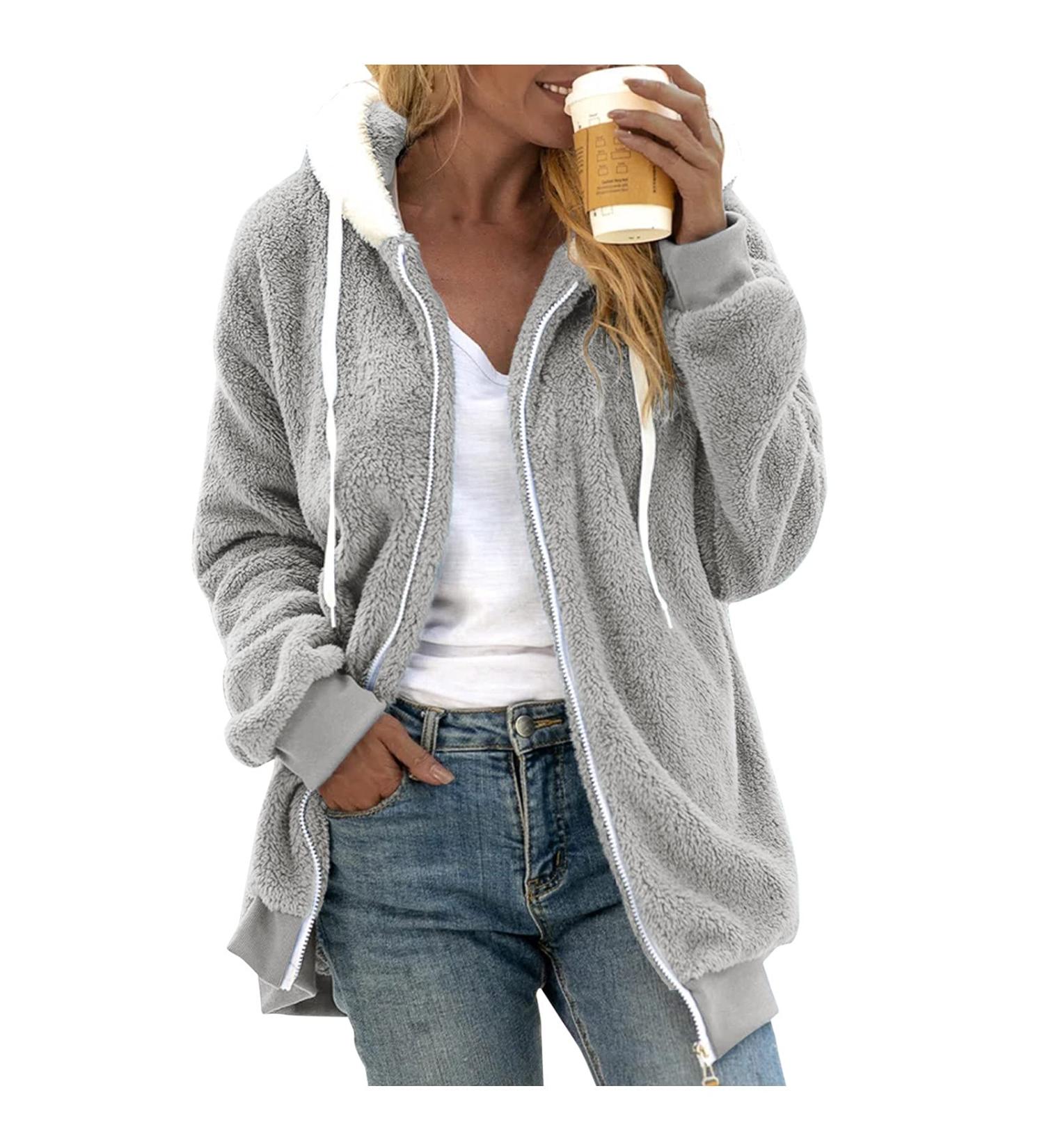 Ronony Teddy Mantel Women's Long Plush Jacket - Stylish Winter Coat with Zip Hoodie Fleece Teddy Jacket in Gray - Perfect for Cold Weather - Buy Online on SooperMarket.com