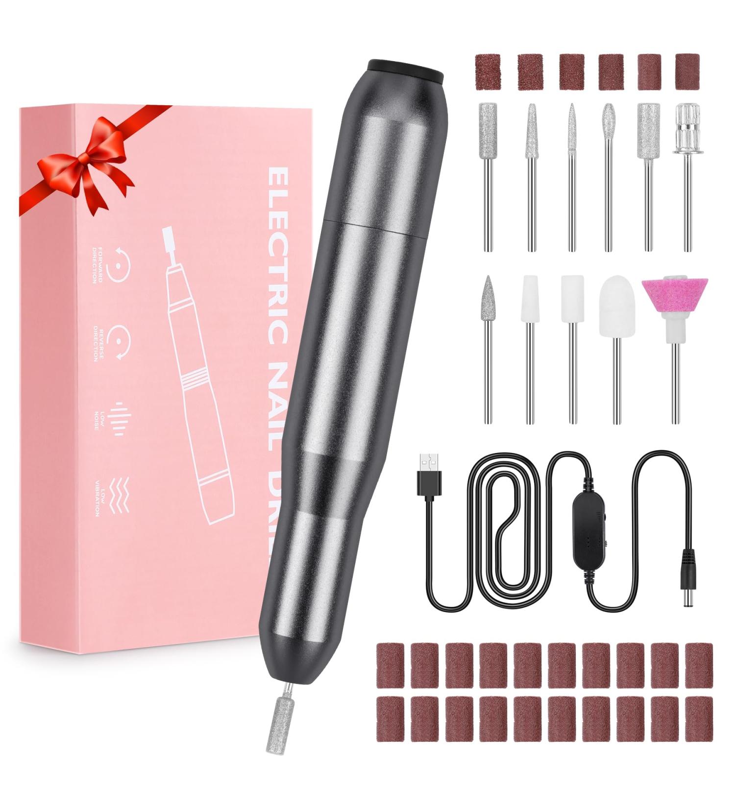 Sarmeley Electric Nail Drill Set - Professional Manicure Pedicure Kit for Acrylic Gel Nails | Portable Electric Nail File with Sanding Bands - Grey - Buy Online on SooperMarket.com