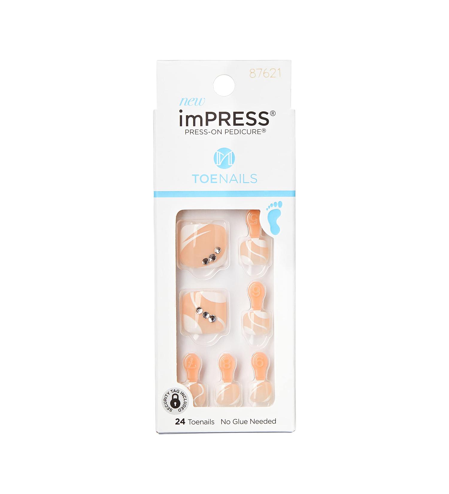 KISS imPRESS Press-On Pedicure Fake Toenails Kit - Square Bejeweled Pink & White Nails with Prep Pad, File, Stick - 24 Nails - Buy Online on SooperMarket.com