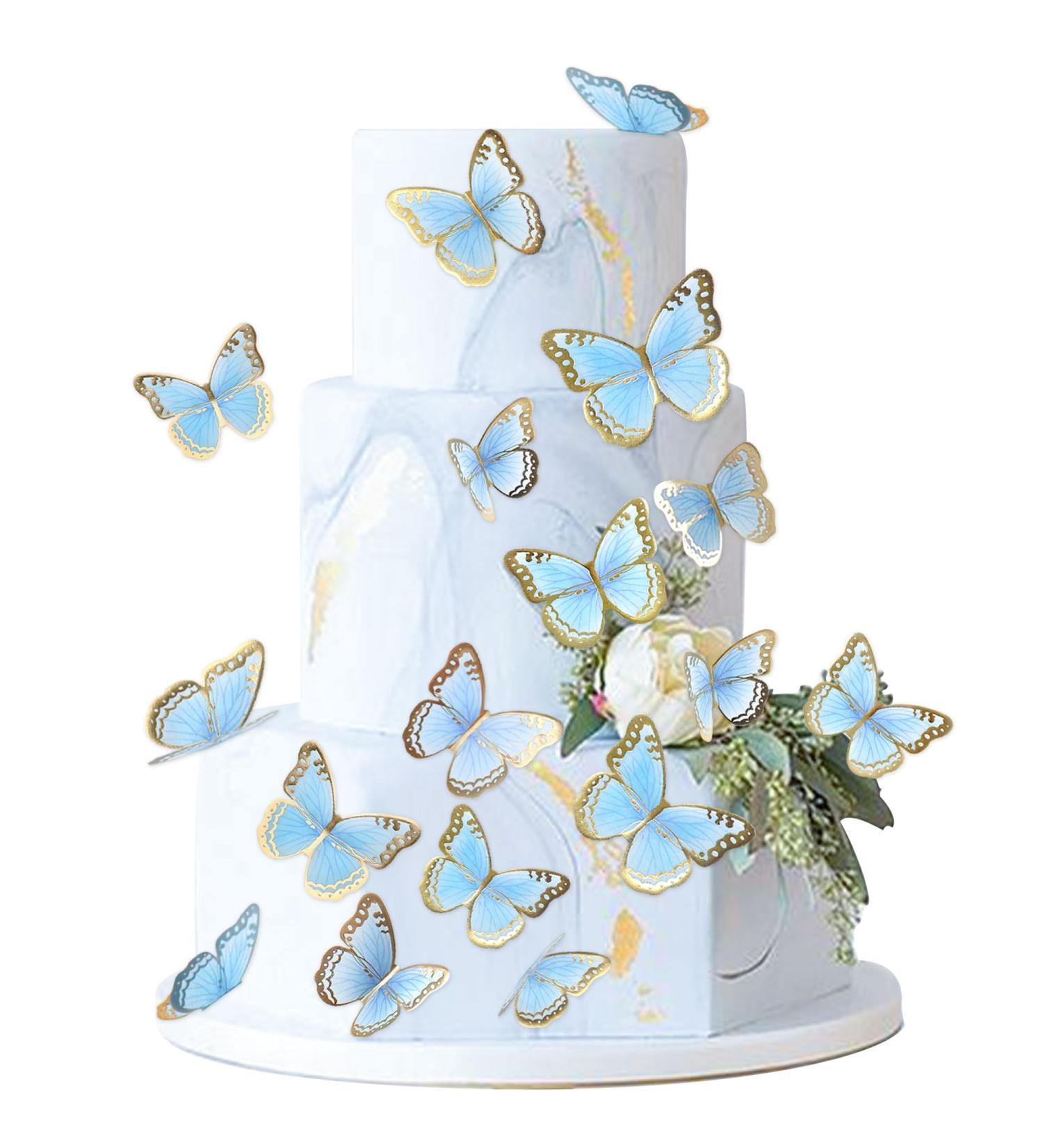 Blumomon 30-Piece 3D Butterfly Cake Topper Decorations | Blue & Gold Rim Cupcake Picks for Weddings Baby Showers & Birthday Parties - Buy Online on SooperMarket.com