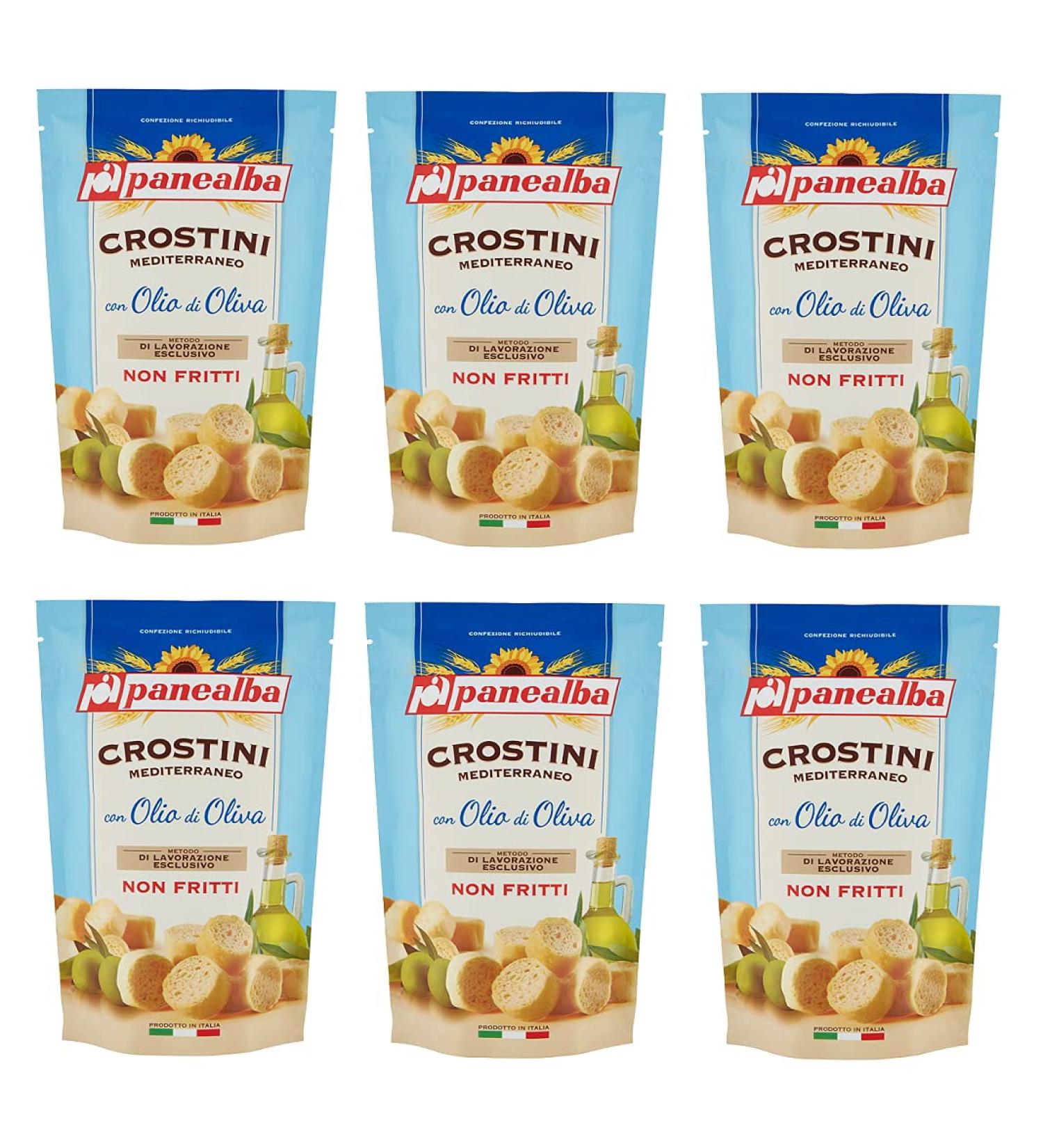 6x Panealba Crostini Mediterraneo con Olio di Oliva Croutons with Olive Oil Salted Snack Not Fried Not Deep-Fried 100g