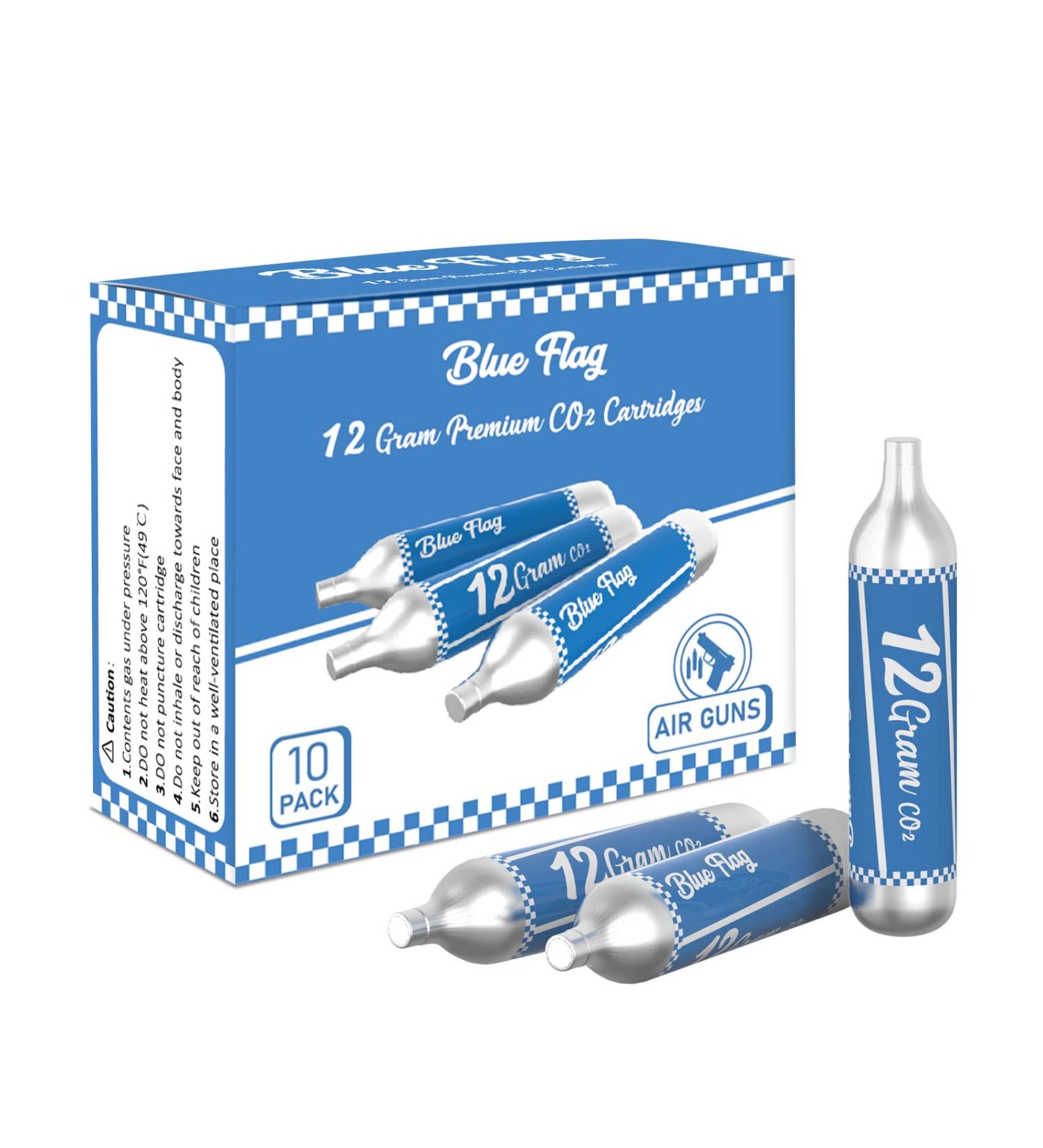 BLUE FLAG 12-Gram CO2 Cartridges - 10 Pack for Pellet, BB, and Airsoft Guns - Buy Online on SooperMarket.com
