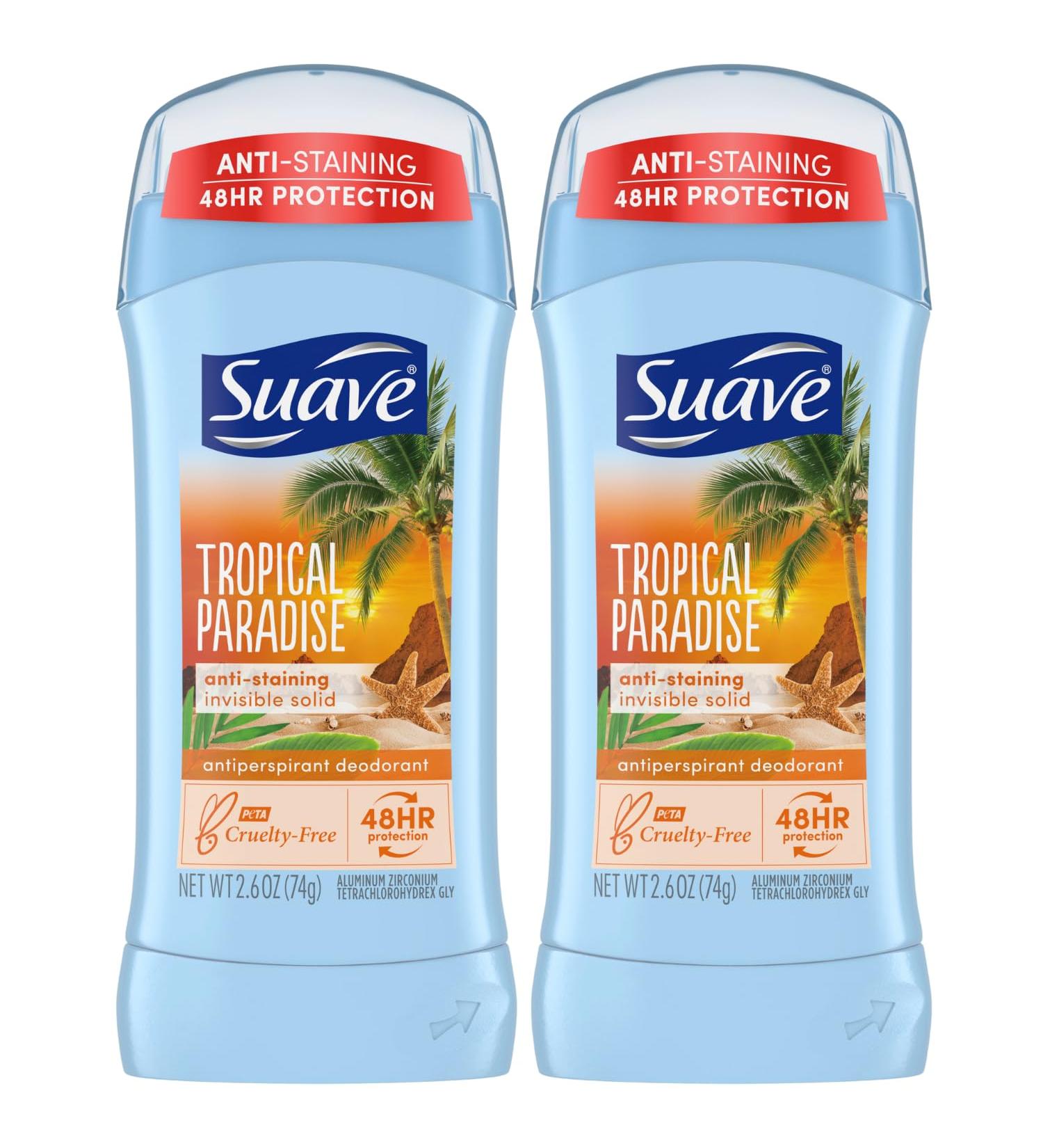 Suave Deodorant for Women Tropical Paradise Invisible Solid Antiperspirant Deodorant Stick 48H Protection Anti-Staining Cruelty-Free Scented 2.6 Oz (Pack of 2) - Buy Online on SooperMarket.com