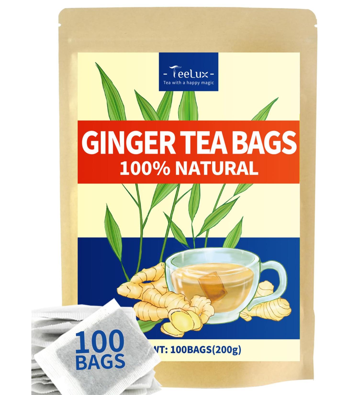 TeeLux Ginger Tea Bags 100 Count - Vegan, Caffeine-Free, Rich in Antioxidants - Spicy & Warm Herbal Tea Bags - Pack of 1 - Buy Online on SooperMarket.com