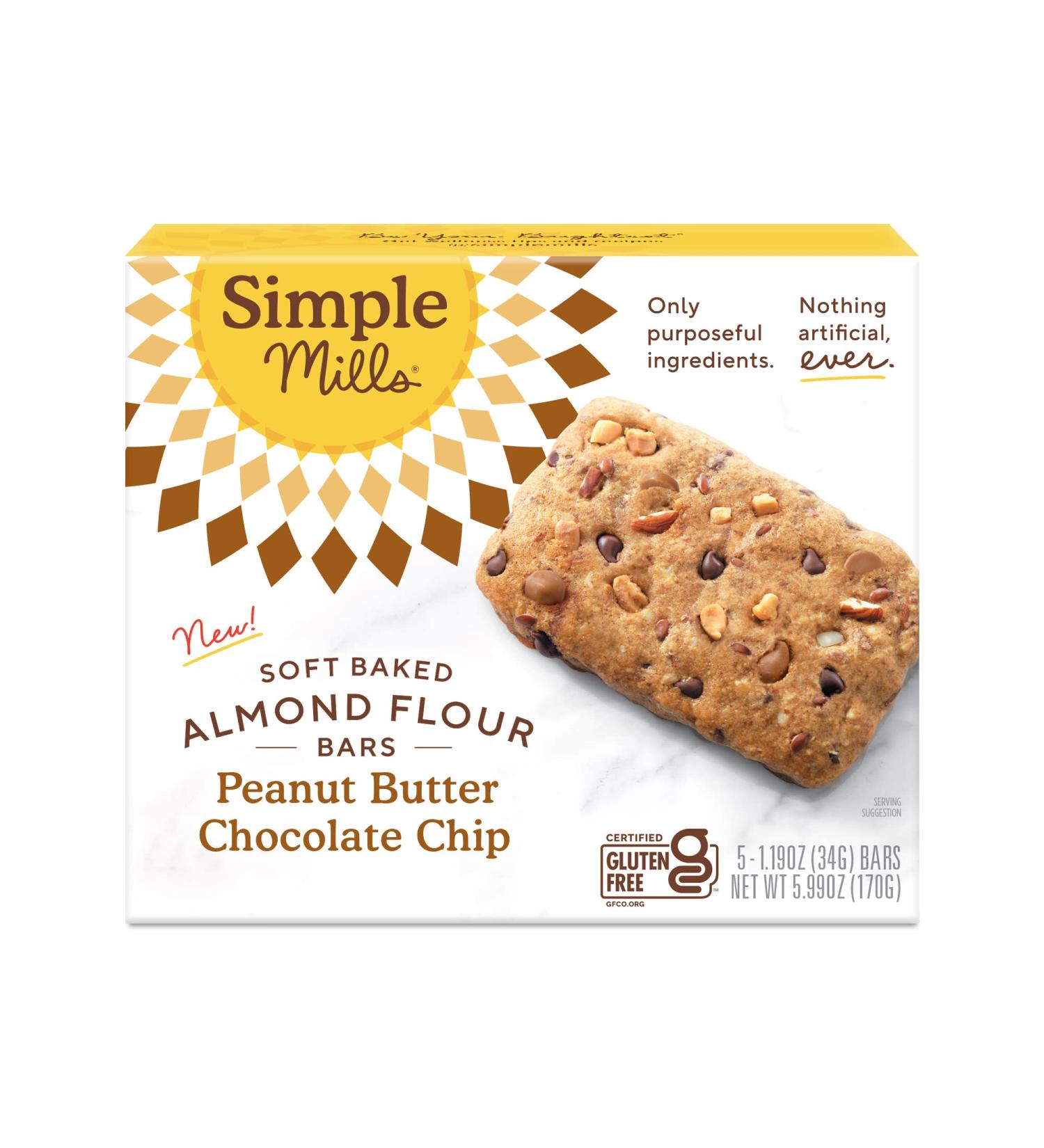 Simple Mills Almond Flour Bars - Peanut Butter Chocolate Chip | 5 Soft Baked Bars (1.19 oz Each) - Buy Online on SooperMarket.com