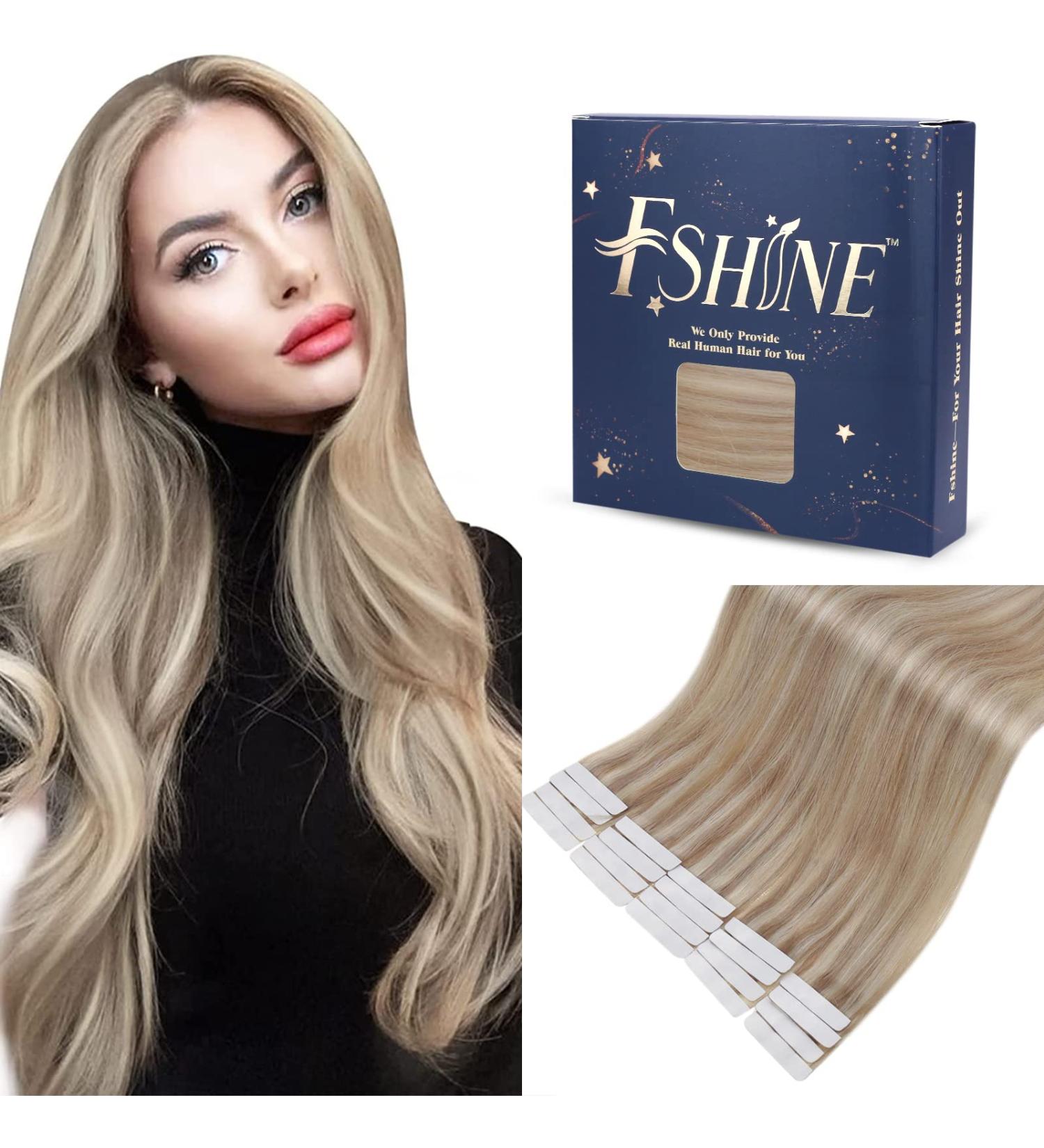 FSHINE 40cm Real Hair Tape Extensions - Ash Blonde Highlight 20 Remy Hair Pieces Invisible Adhesive #18P613 - Quality Bleaching Blonde Hair Extensions - Buy Online on SooperMarket.com