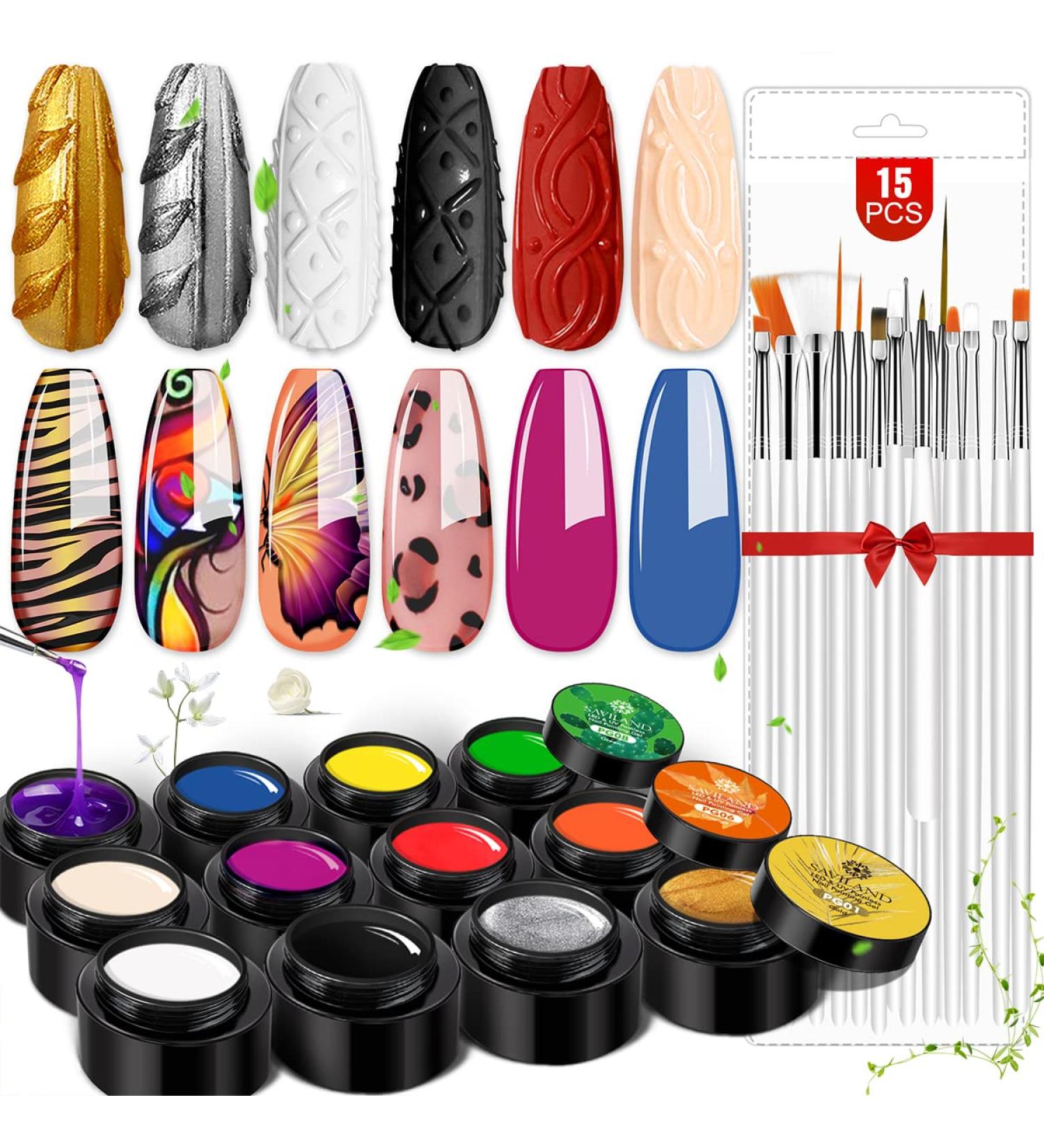 Saviland Gel Paint Kit - 12 Colors Gel Nail Polish Set with 15pcs Nail Brush Pen for Nail Art & Salon - Buy Online on SooperMarket.com