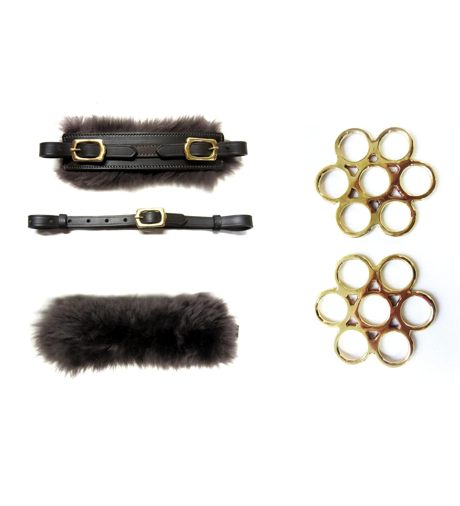 PS Horse Article Set - Bitless Bridle with Flower Brass - Gold - Real Sheepskin Brown & Gold Fittings | International Shipping - Buy Online on SooperMarket.com