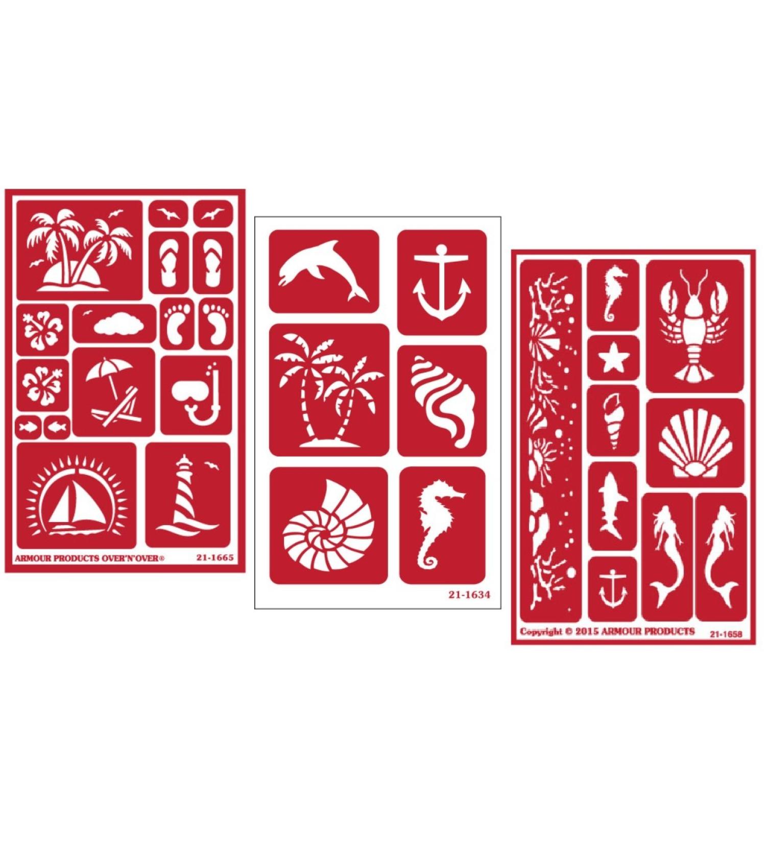 3 Armour Etch Over N Over Reusable Glass Etching Stencils Set | Nautical Theme | Paradise, Seashore, Under The Sea