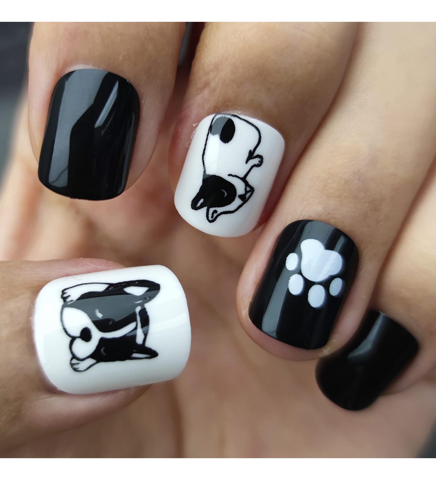 Novo Ovo Press-On Fake Nails - Short Corner Oval Black & White Dog Design | Stick-On Artificial Fingernails with Glue for Valentine's Day | Perfect for Bulldogs & Animal Lovers - Buy Online on SooperMarket.com